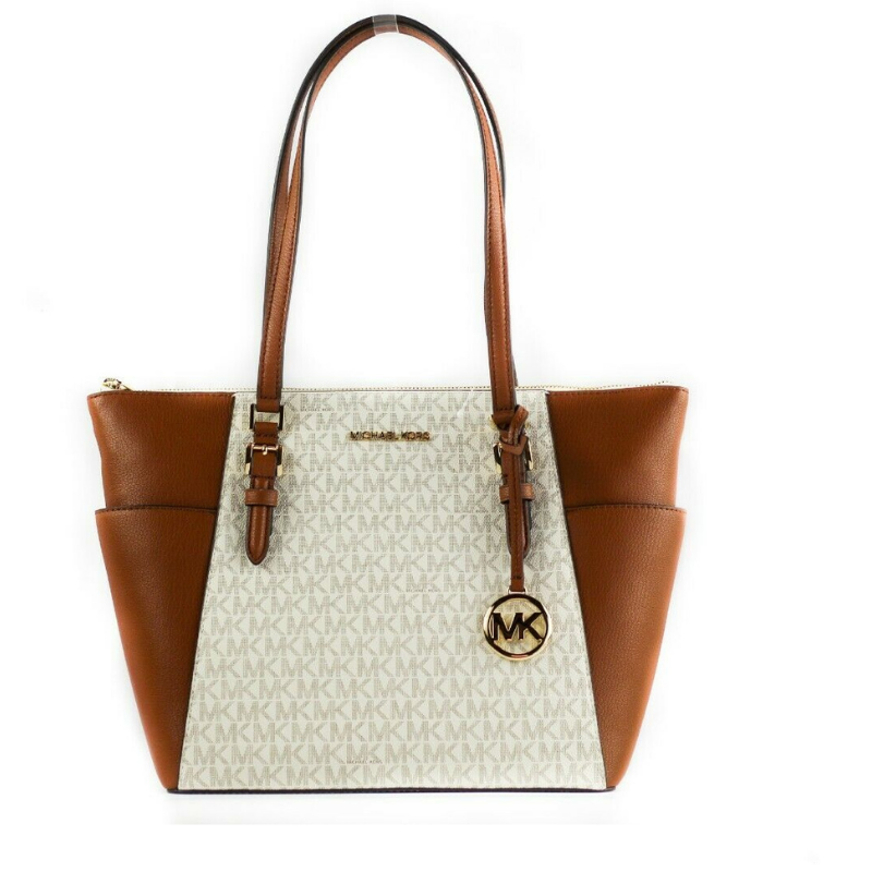 Michael Kors Charlotte Signature Leather Large Top Zip Tote Handbag Bag (Vanilla) - Luksusmuotia Michael Kors - Tutustu YVES JAVANNI® 