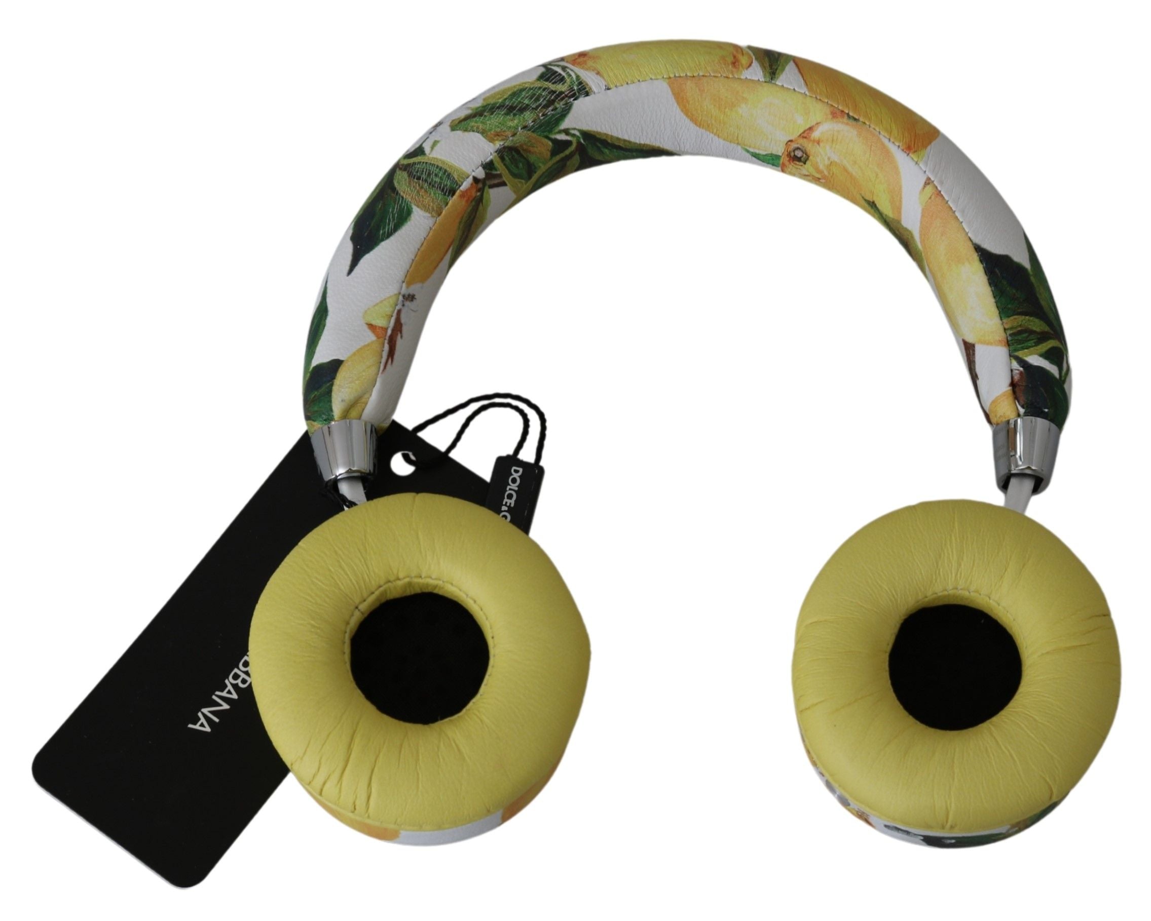 Dolce & Gabbana Chic White Leather Headphones with Yellow Print - Luksusmuotia Dolce & Gabbana - Tutustu YVES JAVANNI® 