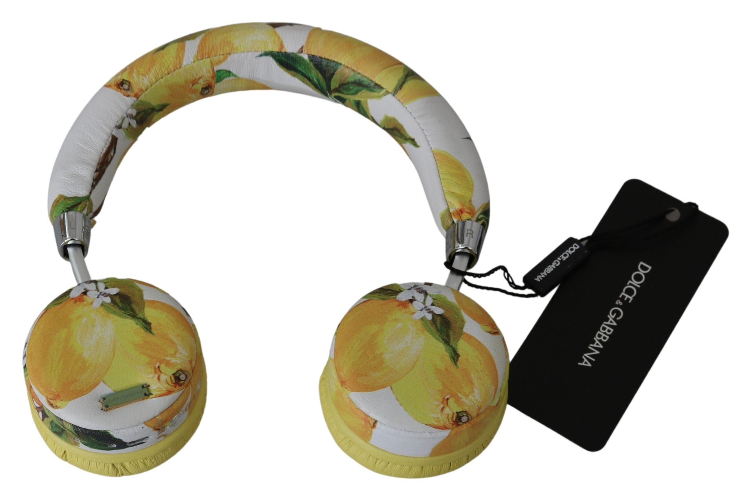 Dolce & Gabbana Chic White Leather Headphones with Yellow Print - Luksusmuotia Dolce & Gabbana - Tutustu YVES JAVANNI® 