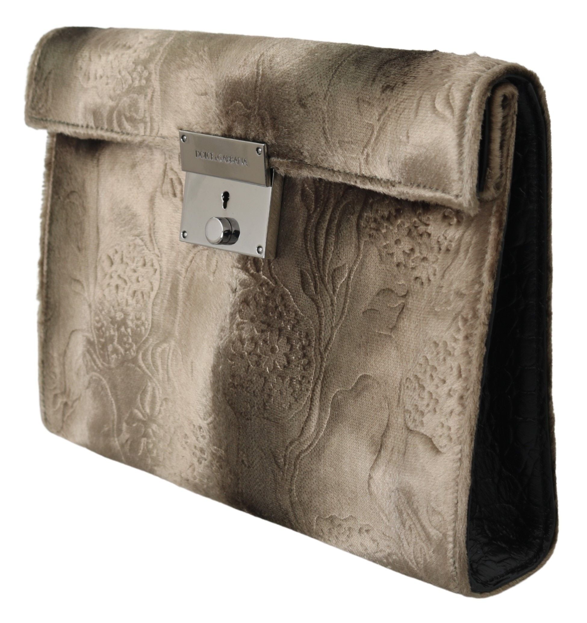 Dolce & Gabbana Beige Velvet Croco-Print Leather Briefcase Clutch - Luksusmuotia Dolce & Gabbana - Tutustu YVES JAVANNI® 