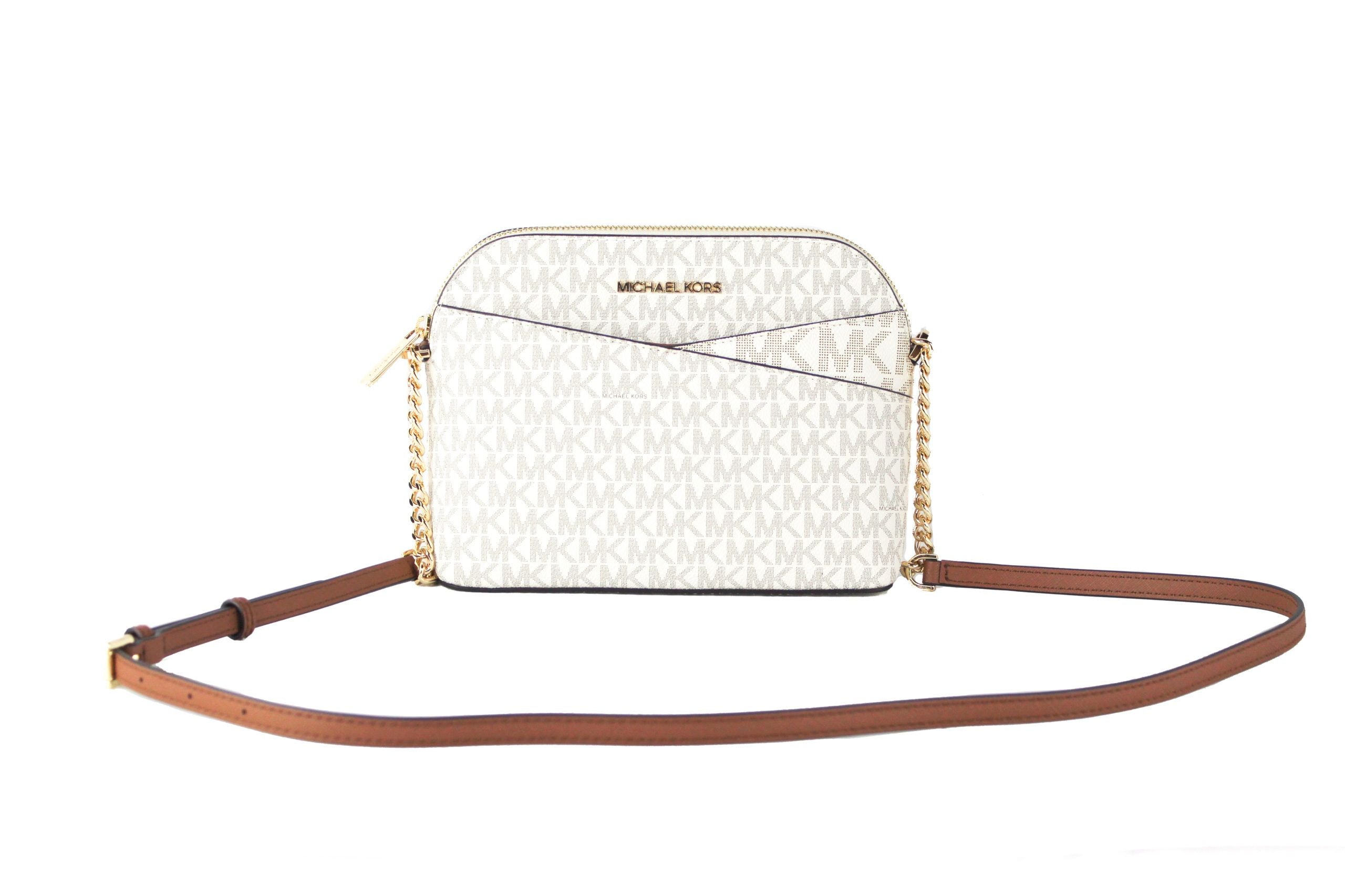 Michael Kors Jet Set Travel Medium Leather X Cross Dome Crossbody Handbag (Vanilla Signature/Gold) - Luksusmuotia Michael Kors - Tutustu YVES JAVANNI® 