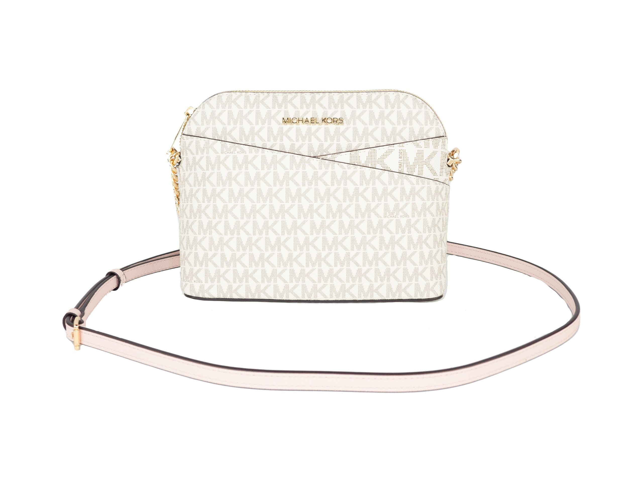 Michael Kors Jet Set Travel Medium Leather X Cross Dome Crossbody Handbag (Vanilla Signature/Powder Blush) - Luksusmuotia Michael Kors - Tutustu YVES JAVANNI® 