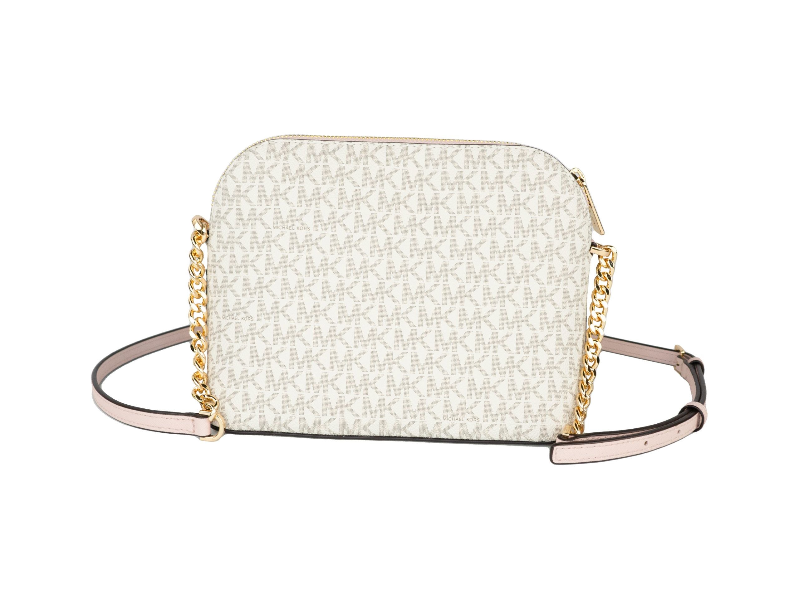 Michael Kors Jet Set Travel Medium Leather X Cross Dome Crossbody Handbag (Vanilla Signature/Powder Blush) - Luksusmuotia Michael Kors - Tutustu YVES JAVANNI® 