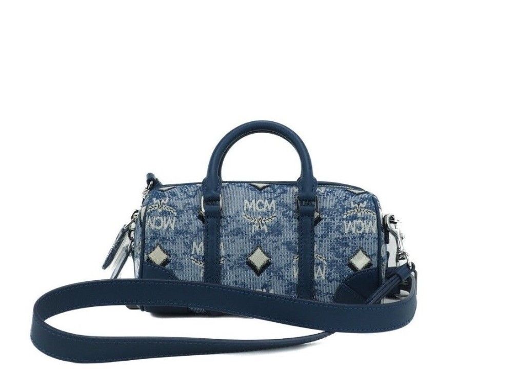 MCM Boston Mini Blue Vintage Jacquard Logo Fabric Satchel Crossbody Handbag - Luksusmuotia MCM - Tutustu YVES JAVANNI® 