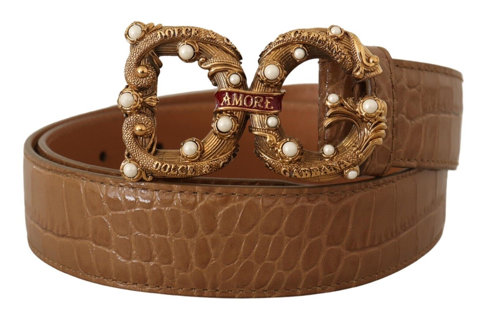 Dolce & Gabbana Elegant Croco Leather Amore Belt with Pearls - Luksusmuotia Dolce & Gabbana - Tutustu YVES JAVANNI® 