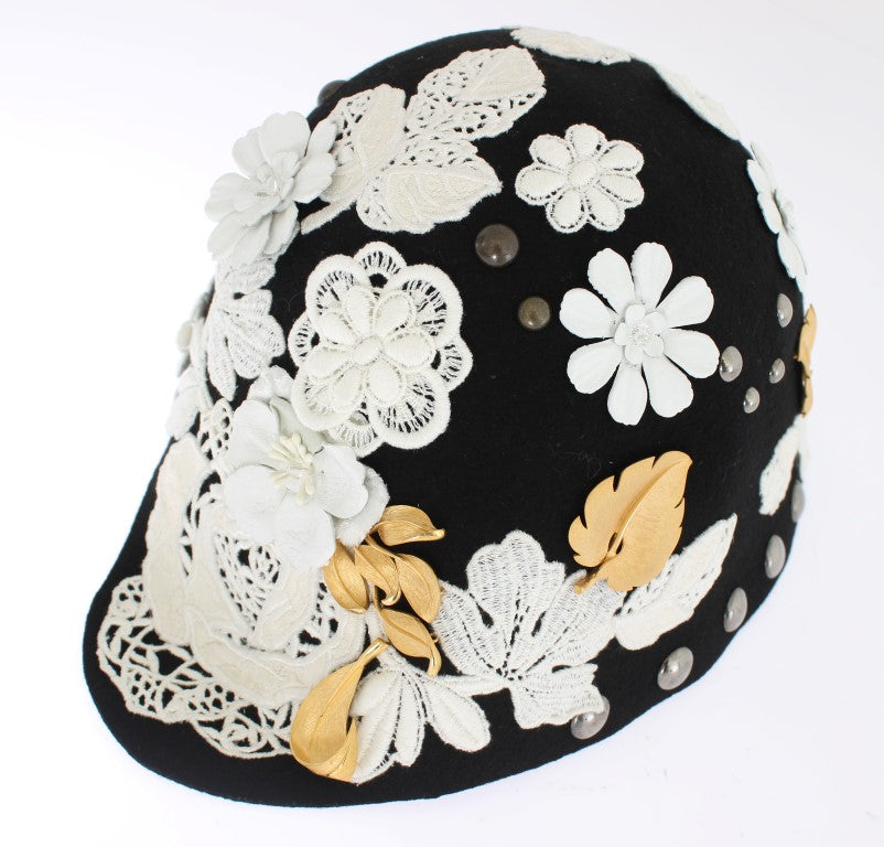 Dolce & Gabbana Elegant Black Floral Wool Cloche Hat - Luksusmuotia Dolce & Gabbana - Tutustu YVES JAVANNI® 