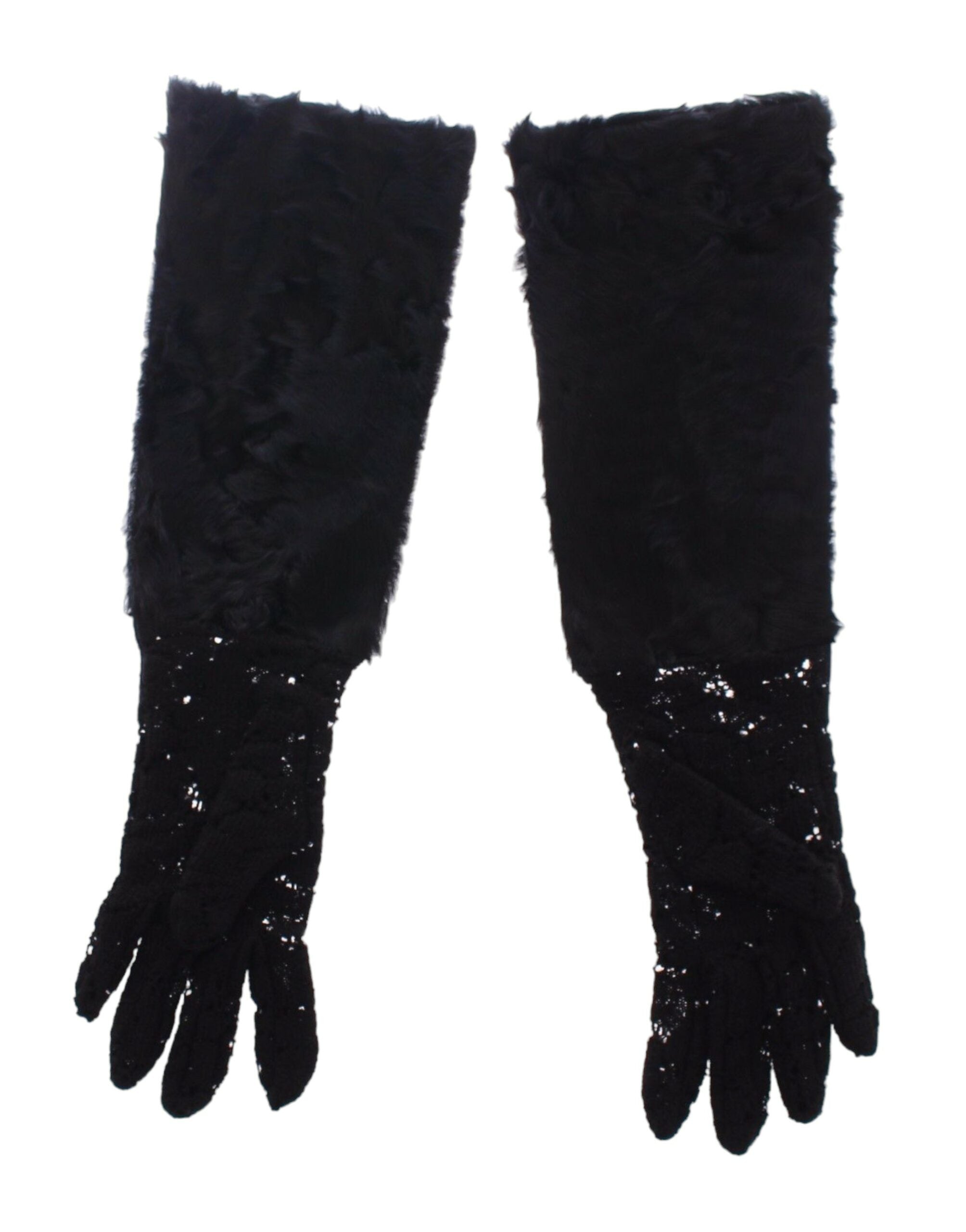 Dolce & Gabbana Black Wool Lace & Lamb Fur Elbow Gloves - Luksuslaukut ja asusteet Dolce & Gabbana - Tutustu YVES JAVANNI® 