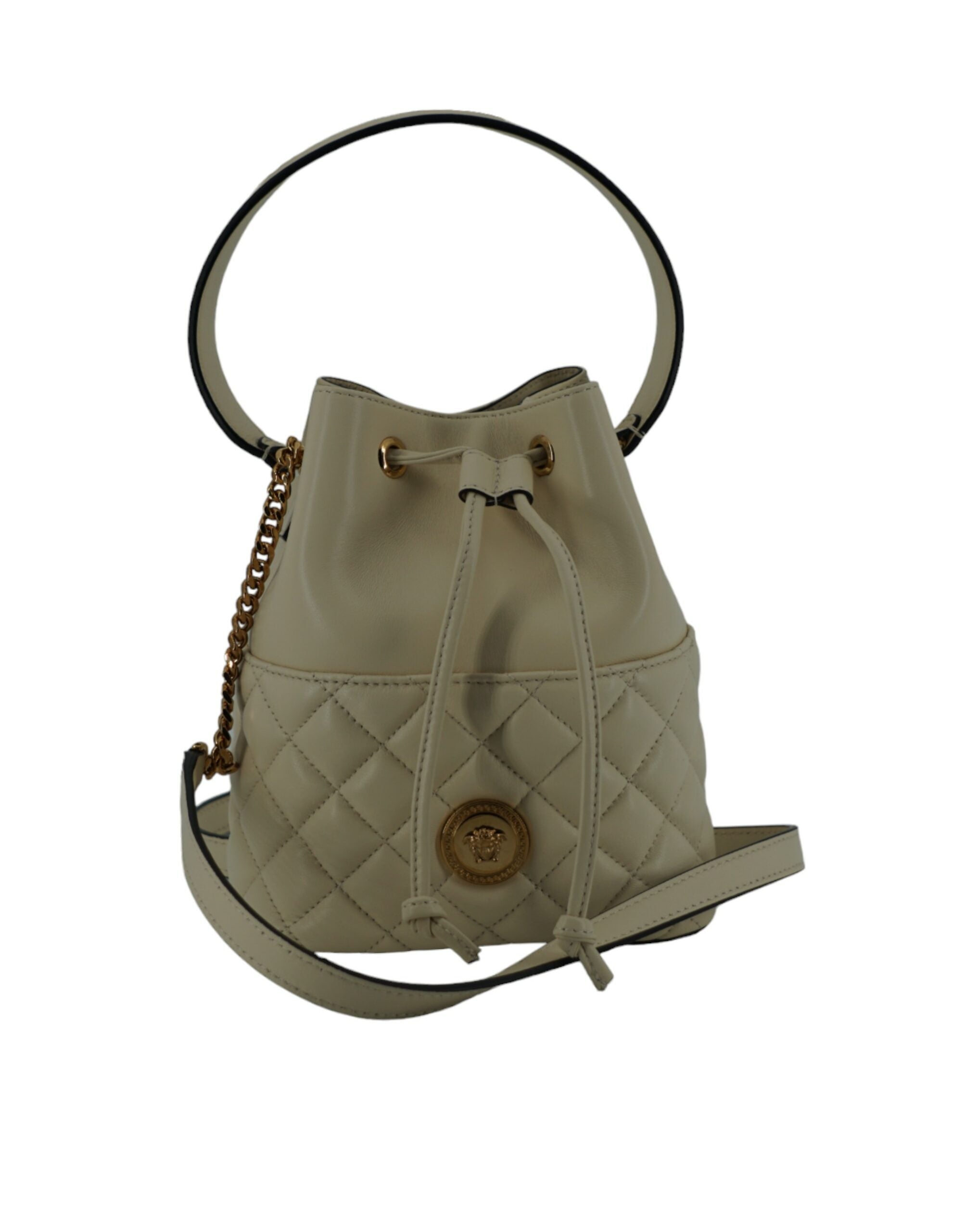 Versace Elegant Small White Leather Bucket Shoulder Bag - Luksuslaukut ja asusteet Versace - Tutustu YVES JAVANNI® 