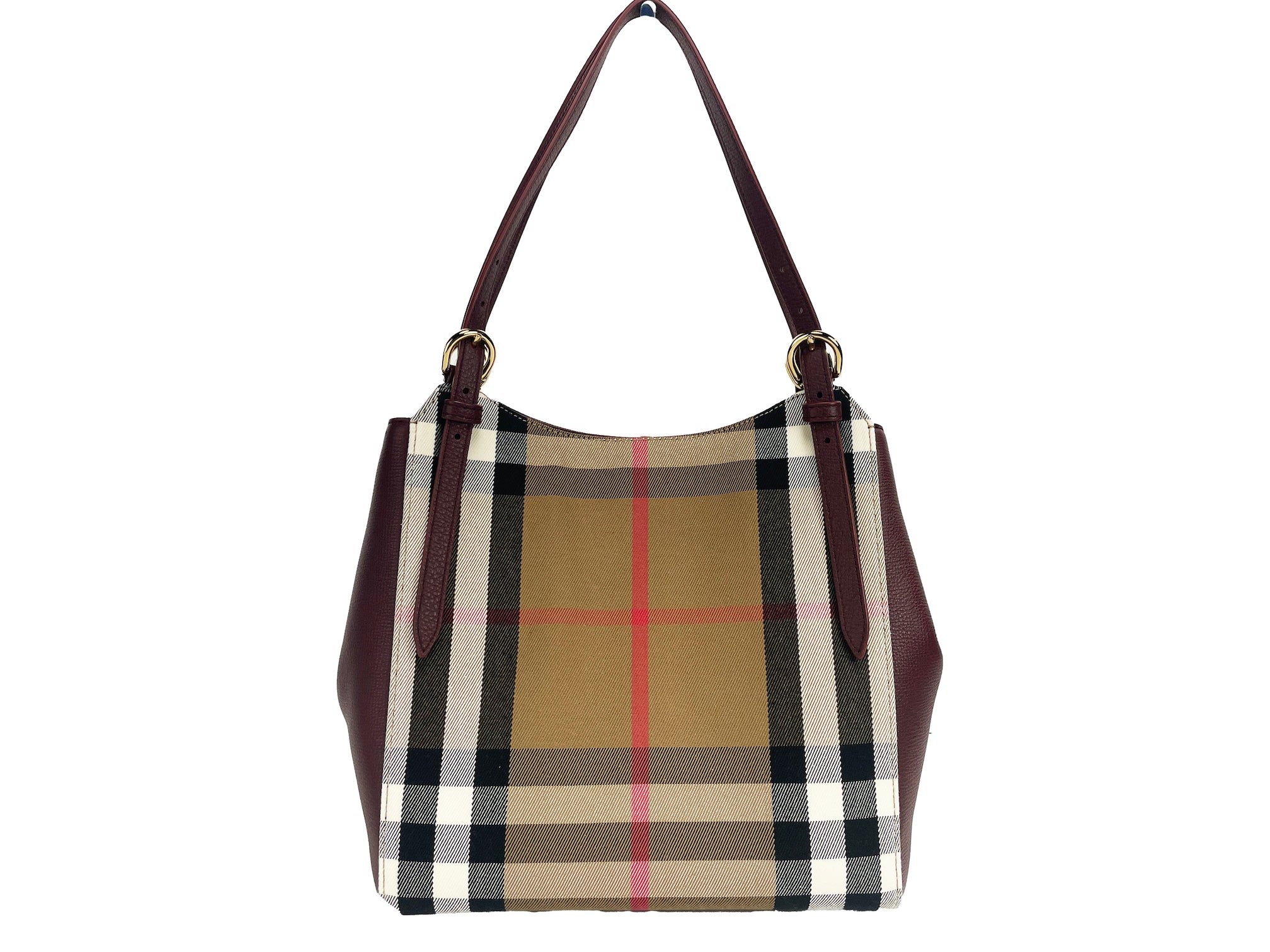 Burberry Small Canterby Mahogany Leather Check Canvas Tote Bag Purse - Luksusmuotia Burberry - Tutustu YVES JAVANNI® 