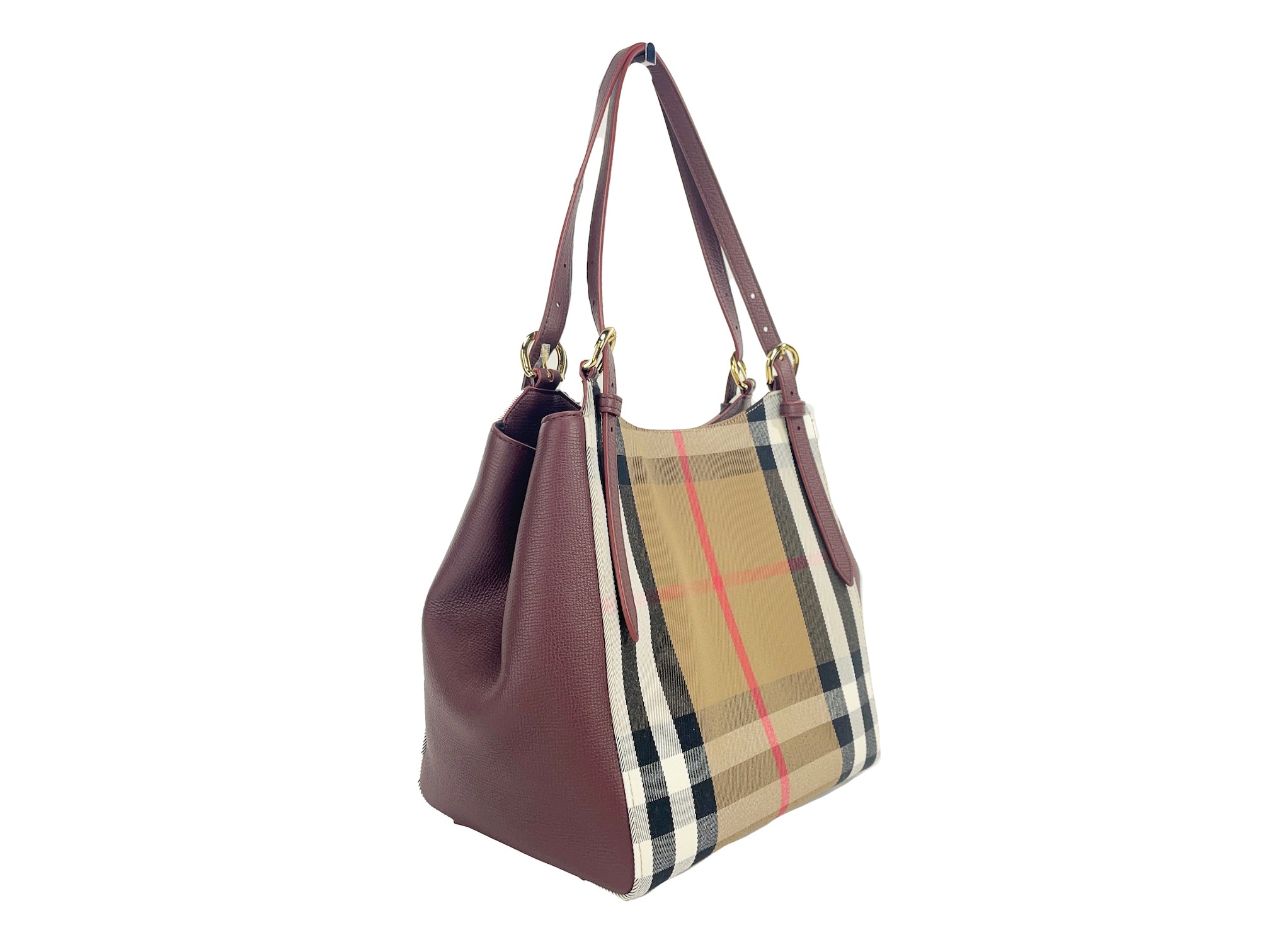 Burberry Small Canterby Mahogany Leather Check Canvas Tote Bag Purse - Luksusmuotia Burberry - Tutustu YVES JAVANNI® 