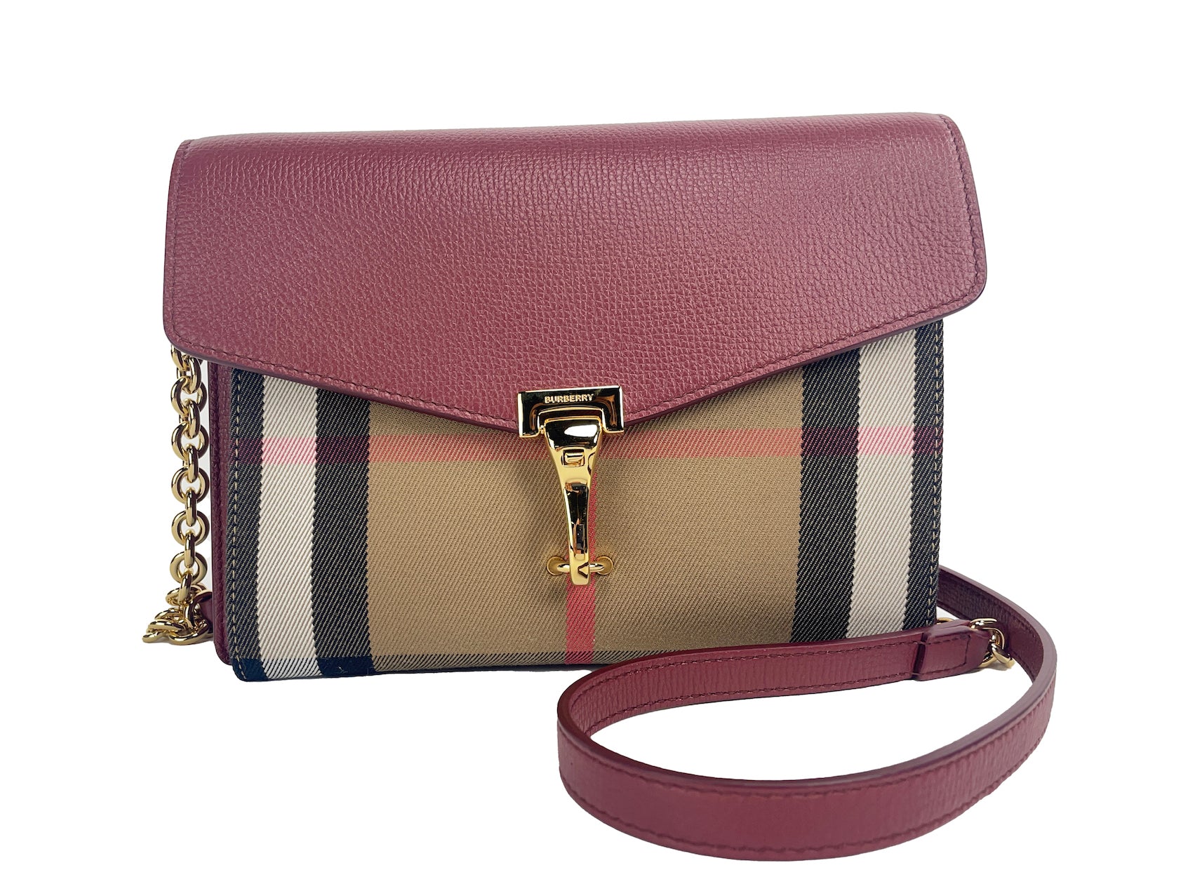 Burberry Macken Small Crimson House Check Leather Crossbody Bag - Luksusmuotia Burberry - Tutustu YVES JAVANNI® 