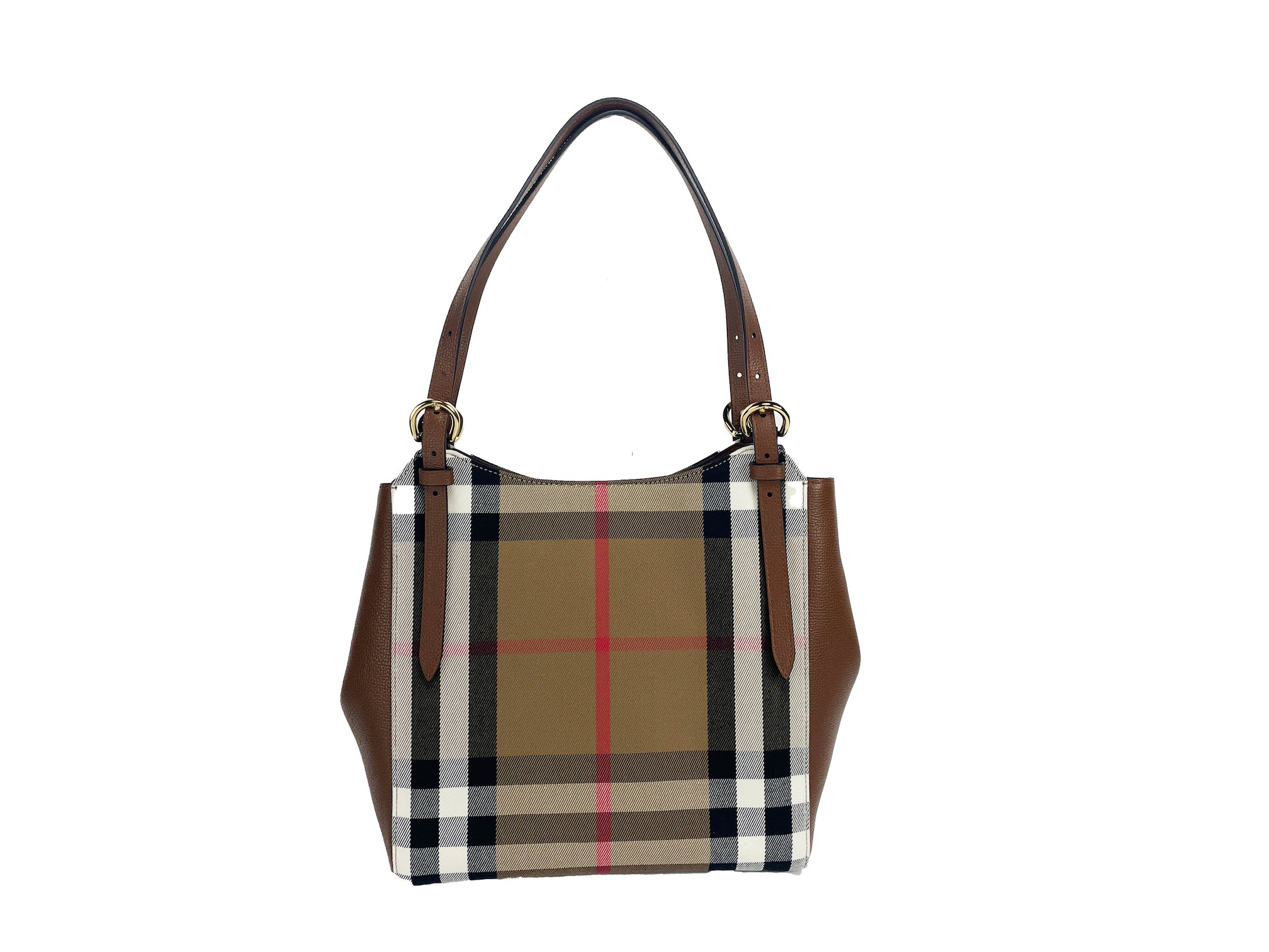 Burberry Small Canterby Tan Leather Check Canvas Tote Bag Purse - Luksusmuotia Burberry - Tutustu YVES JAVANNI® 