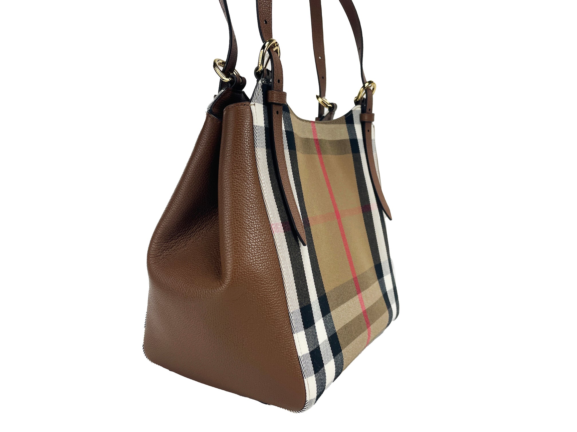 Burberry Small Canterby Tan Leather Check Canvas Tote Bag Purse - Luksusmuotia Burberry - Tutustu YVES JAVANNI® 