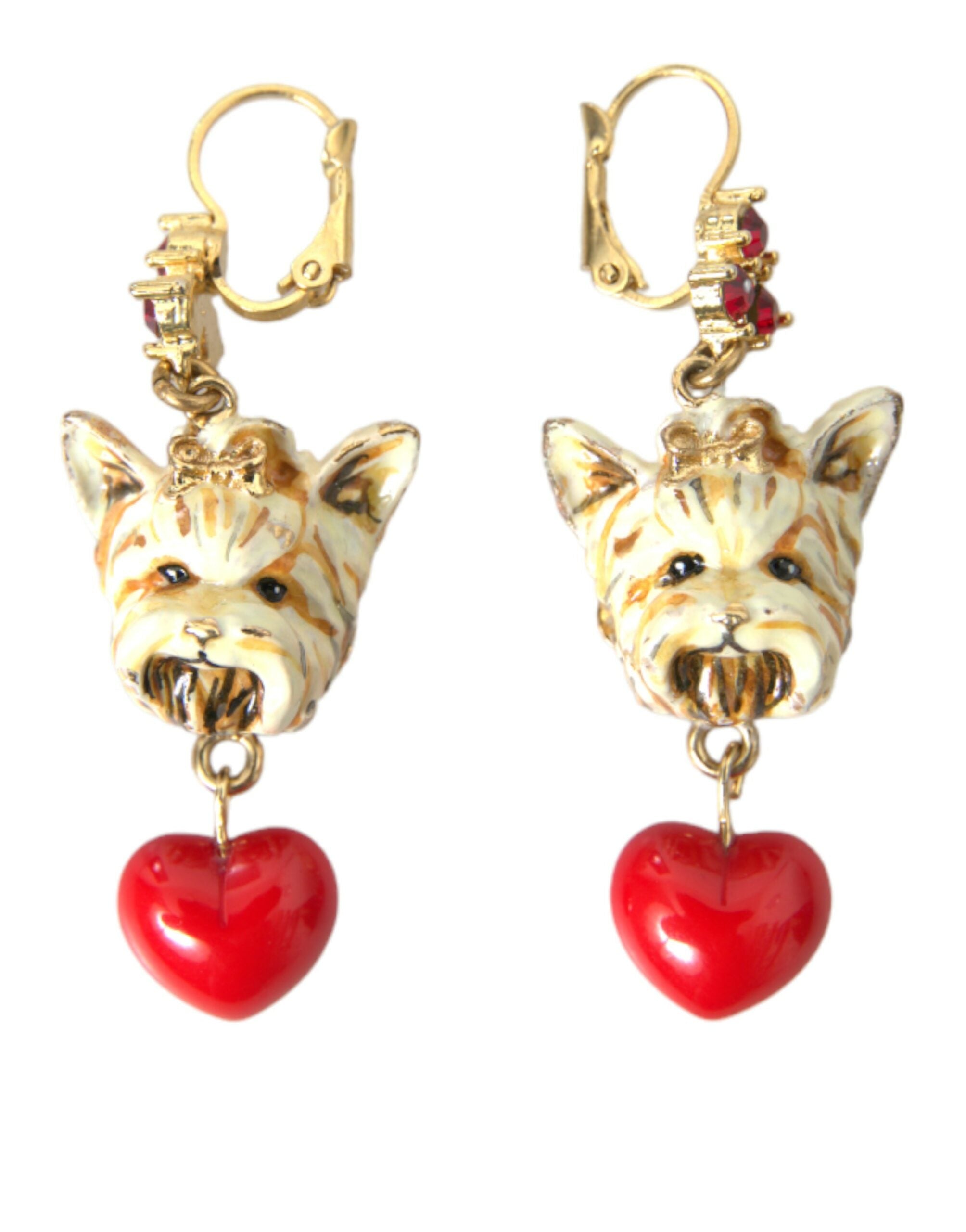 Dolce & Gabbana Gold Brass Heart Dog Red Crystal Dangling Earrings - Luksusmuotia Dolce & Gabbana - Tutustu YVES JAVANNI® 