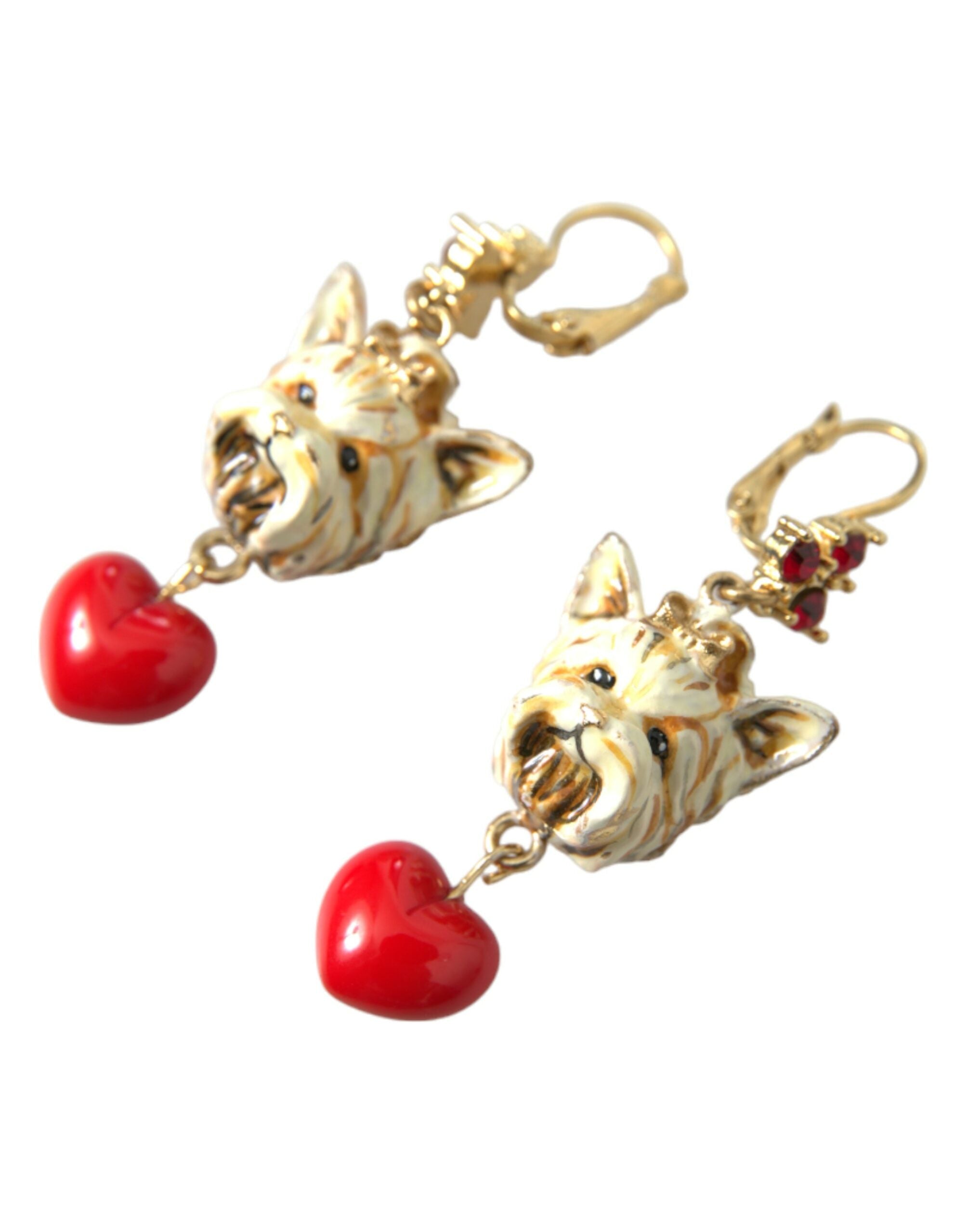 Dolce & Gabbana Gold Brass Heart Dog Red Crystal Dangling Earrings - Luksusmuotia Dolce & Gabbana - Tutustu YVES JAVANNI® 