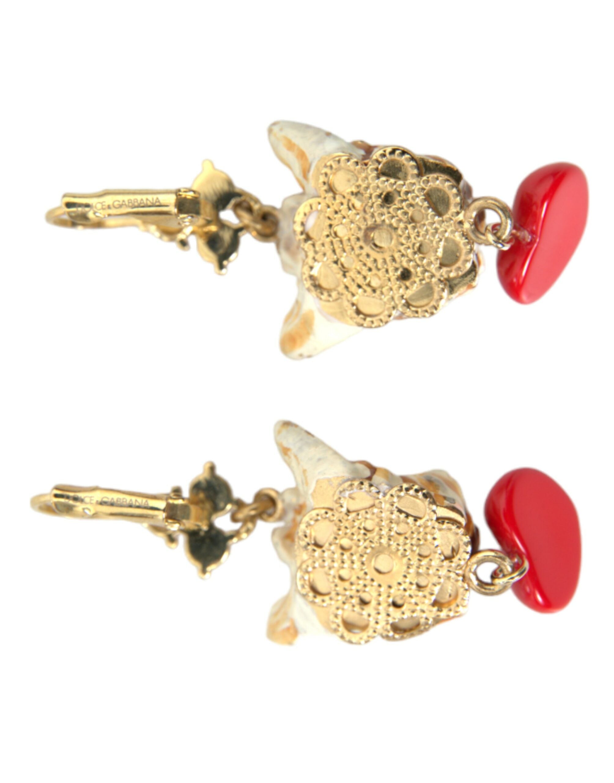 Dolce & Gabbana Gold Brass Heart Dog Red Crystal Dangling Earrings - Luksusmuotia Dolce & Gabbana - Tutustu YVES JAVANNI® 