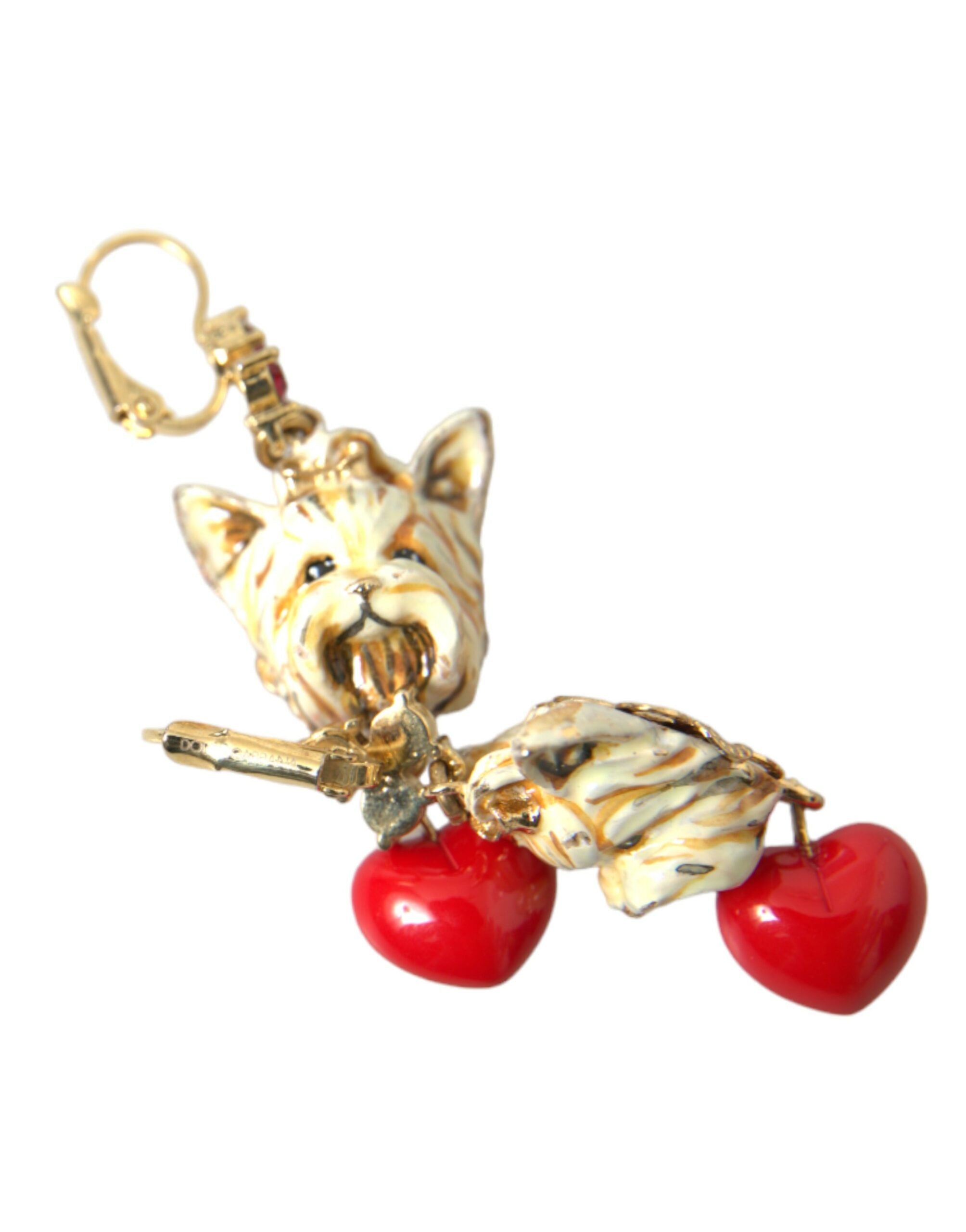 Dolce & Gabbana Gold Brass Heart Dog Red Crystal Dangling Earrings - Luksusmuotia Dolce & Gabbana - Tutustu YVES JAVANNI® 