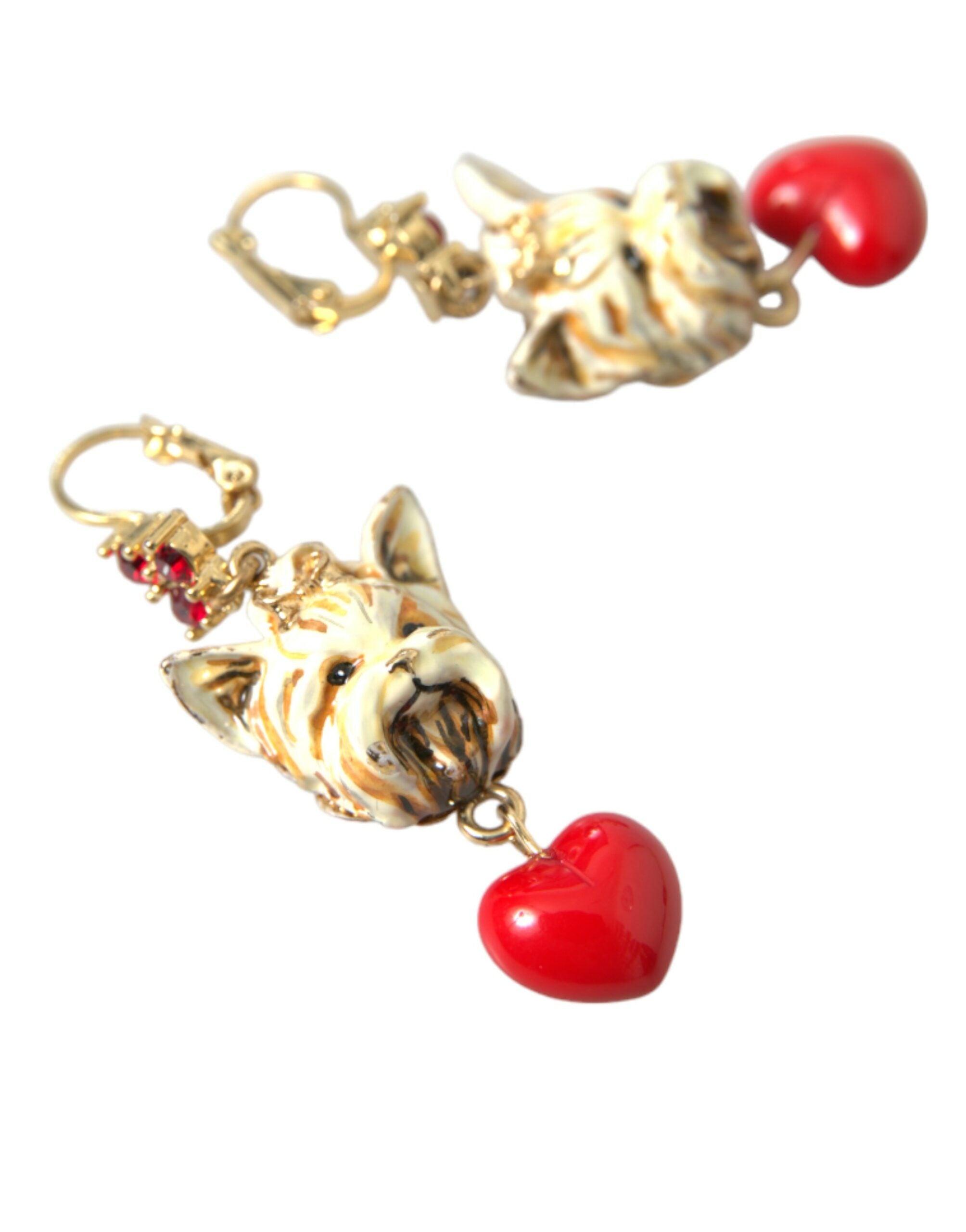 Dolce & Gabbana Gold Brass Heart Dog Red Crystal Dangling Earrings - Luksusmuotia Dolce & Gabbana - Tutustu YVES JAVANNI® 