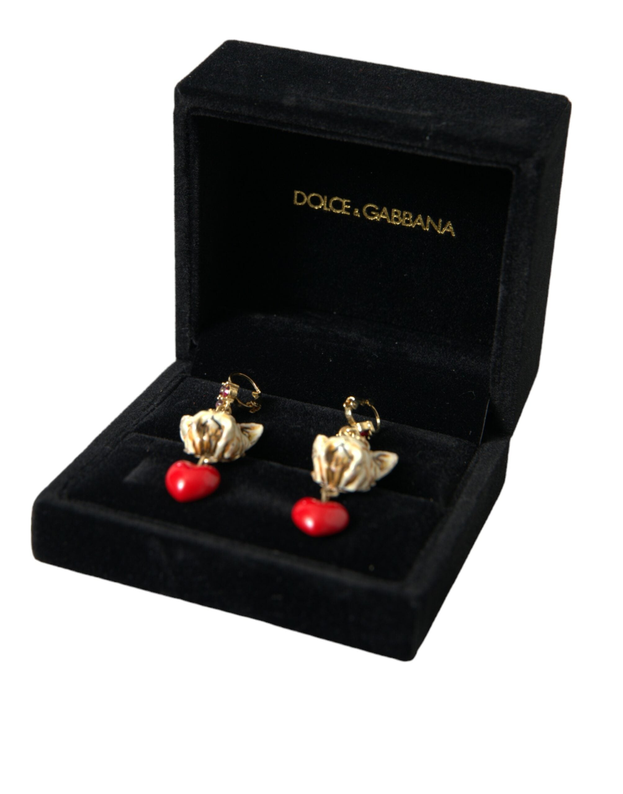 Dolce & Gabbana Gold Brass Heart Dog Red Crystal Dangling Earrings - Luksusmuotia Dolce & Gabbana - Tutustu YVES JAVANNI® 