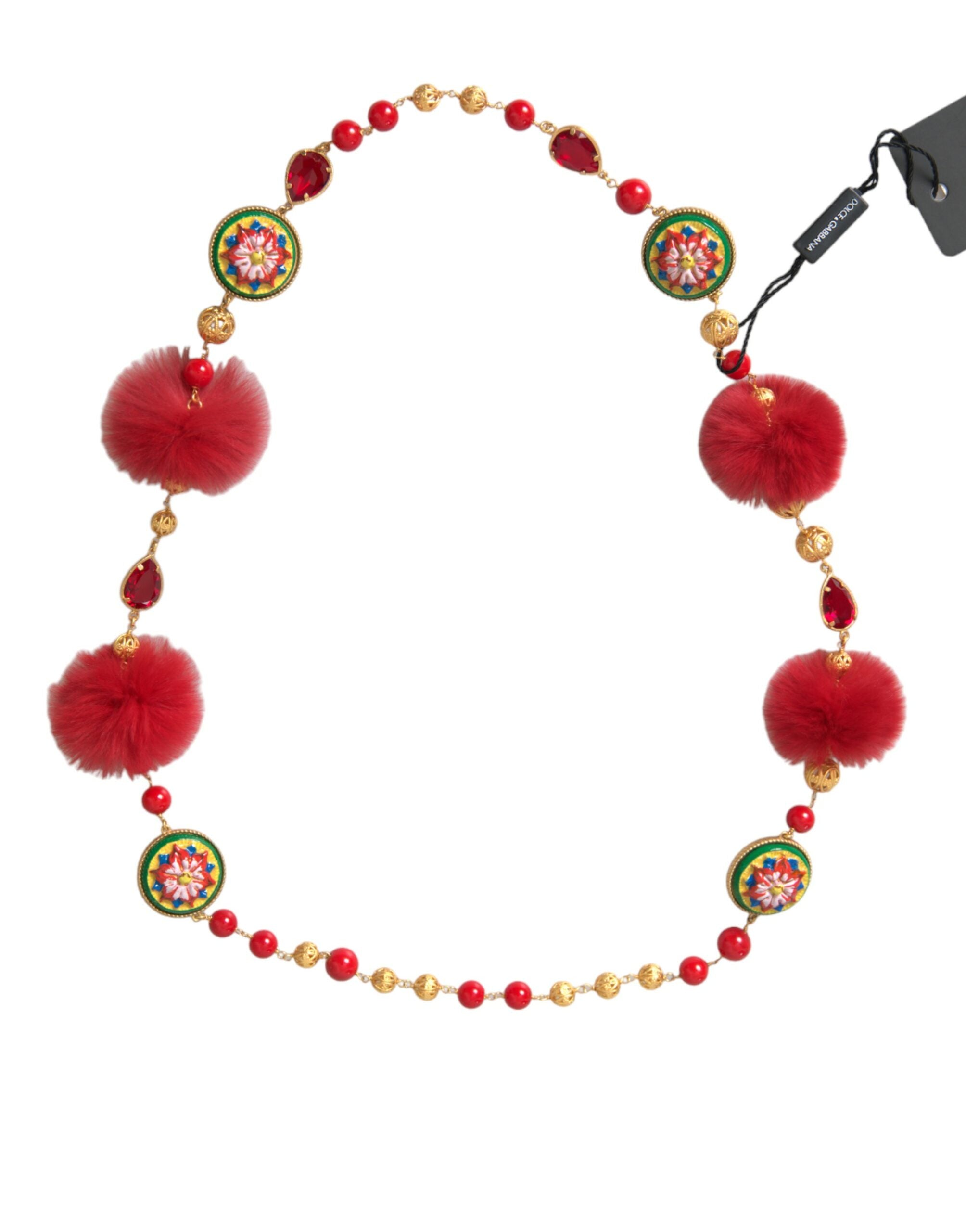 Dolce & Gabbana Gold Brass Red Fur Crystal Carretto Chain Necklace - Luksusmuotia Dolce & Gabbana - Tutustu YVES JAVANNI® 