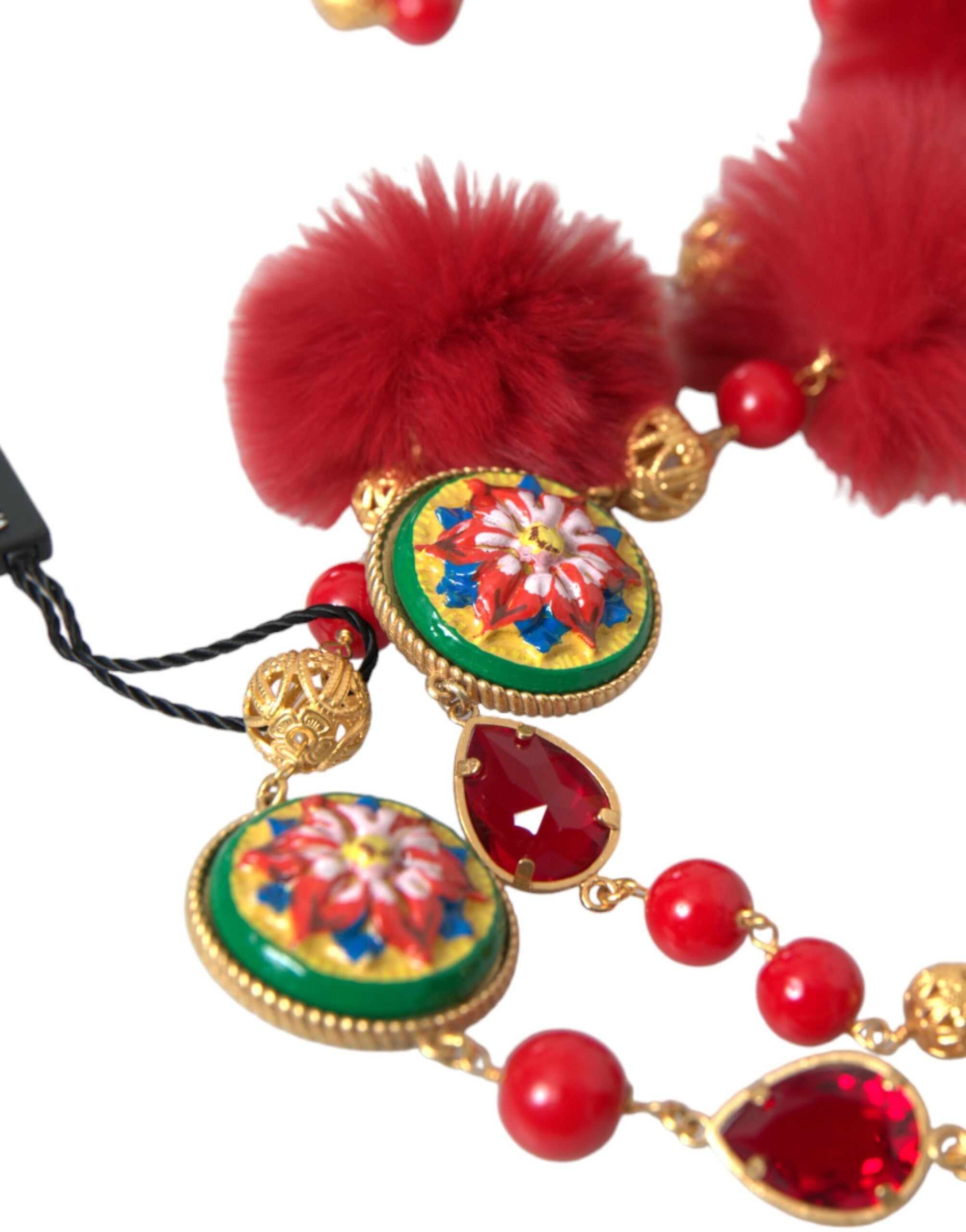 Dolce & Gabbana Gold Brass Red Fur Crystal Carretto Chain Necklace - Luksusmuotia Dolce & Gabbana - Tutustu YVES JAVANNI® 