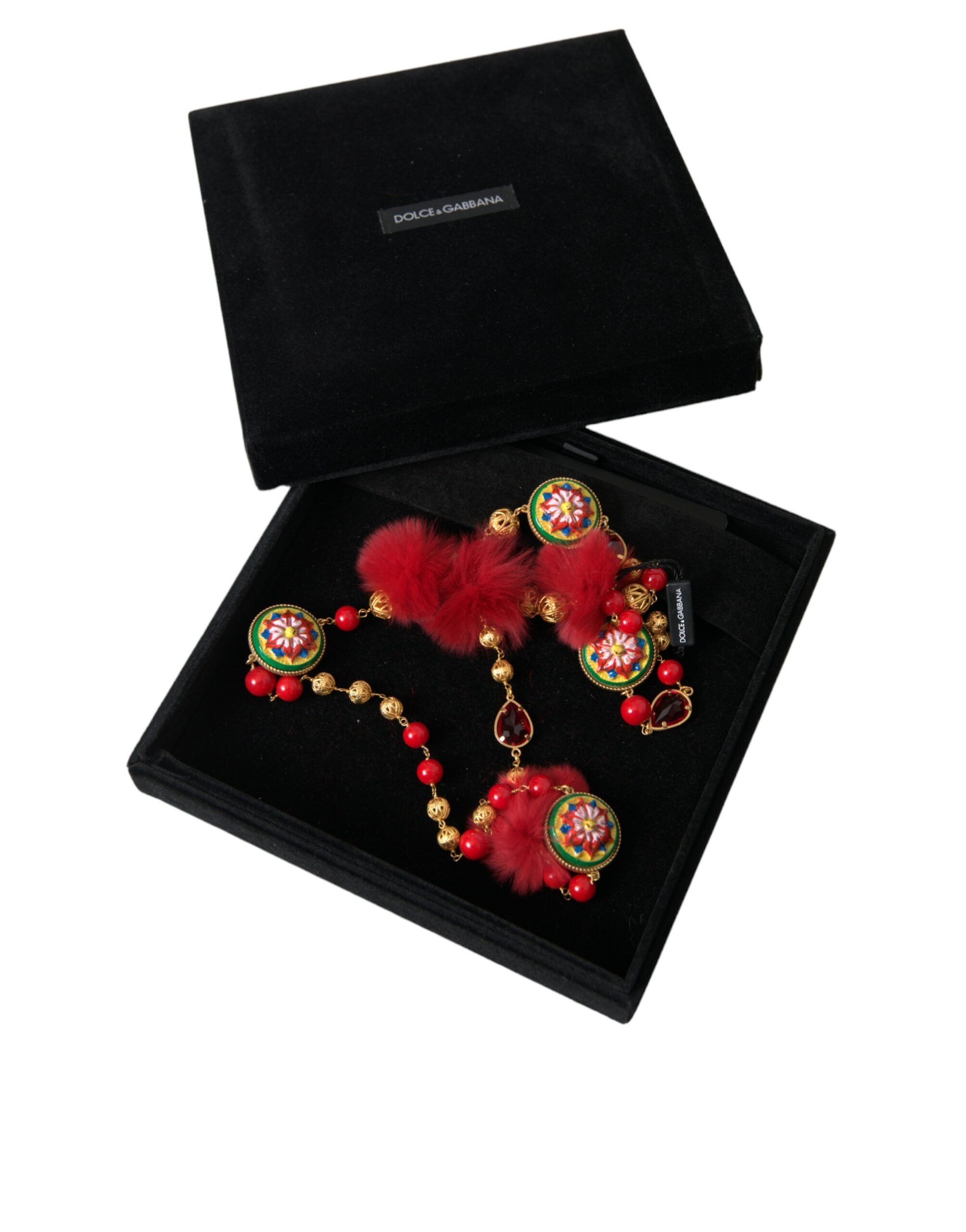 Dolce & Gabbana Gold Brass Red Fur Crystal Carretto Chain Necklace - Luksusmuotia Dolce & Gabbana - Tutustu YVES JAVANNI® 