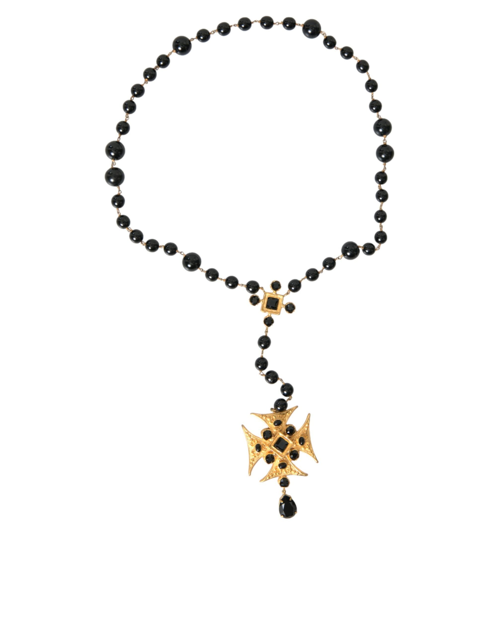 Dolce & Gabbana Gold Tone Brass Cross Black Beaded Chain Rosary Necklace - Luksusmuotia Dolce & Gabbana - Tutustu YVES JAVANNI® 