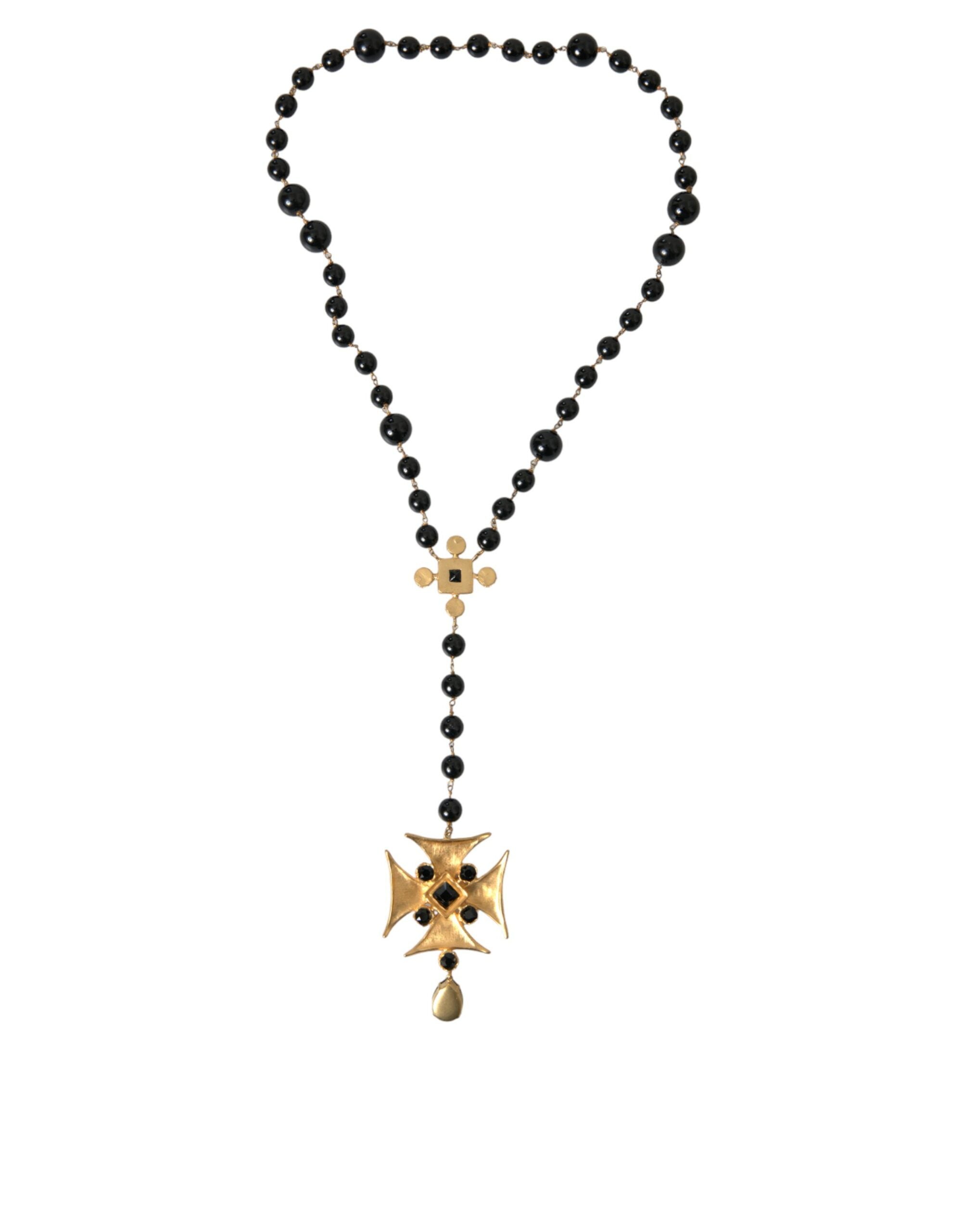 Dolce & Gabbana Gold Tone Brass Cross Black Beaded Chain Rosary Necklace - Luksusmuotia Dolce & Gabbana - Tutustu YVES JAVANNI® 