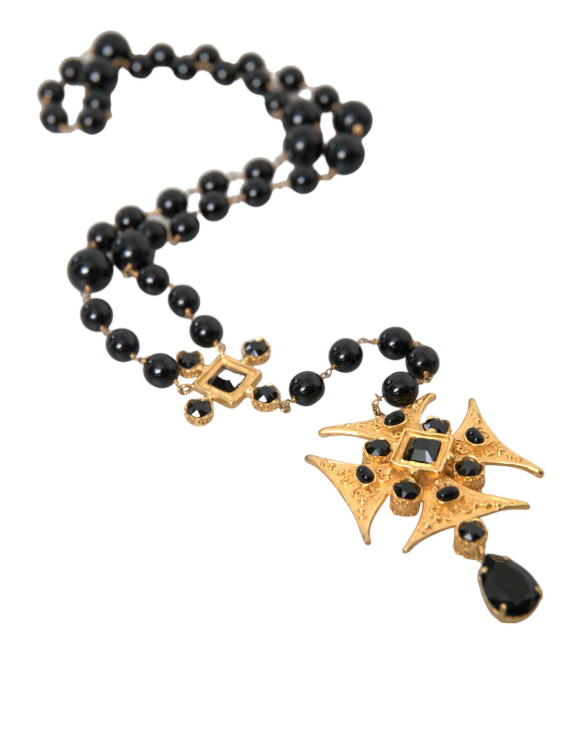 Dolce & Gabbana Gold Tone Brass Cross Black Beaded Chain Rosary Necklace - Luksusmuotia Dolce & Gabbana - Tutustu YVES JAVANNI® 