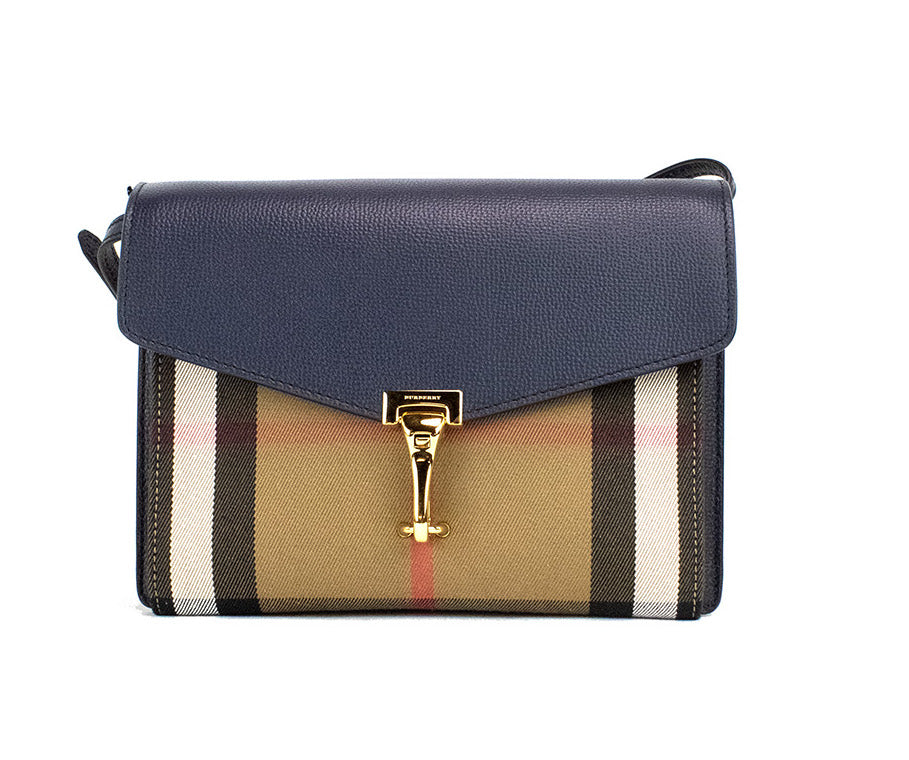 Burberry Macken Small Ink Blue House Check Derby Grain Leather Crossbody Bag - Luksusmuotia Burberry - Tutustu YVES JAVANNI® 