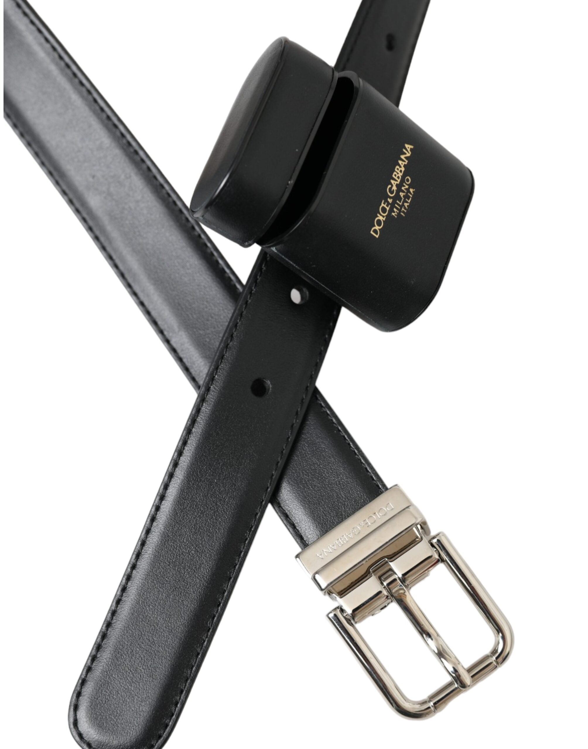 Dolce & Gabbana Black Leather Airpods Case Silver Buckle Belt - Luksusmuotia Dolce & Gabbana - Tutustu YVES JAVANNI® 