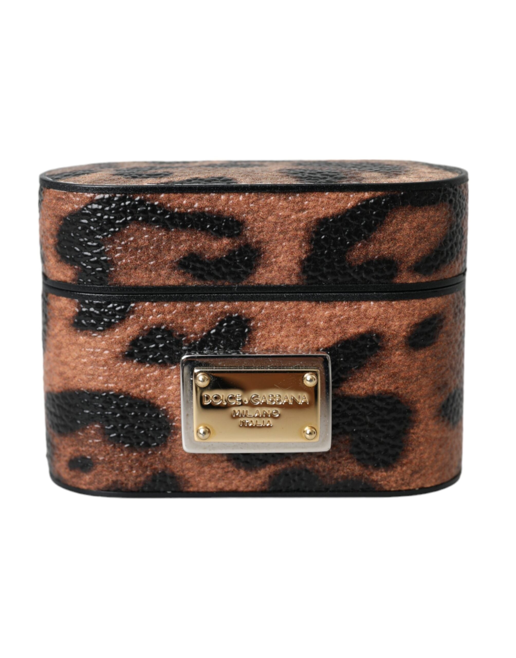 Dolce &amp; Gabbana Brown Leopard Calf Leather Logo Plaque Airpods -kotelo