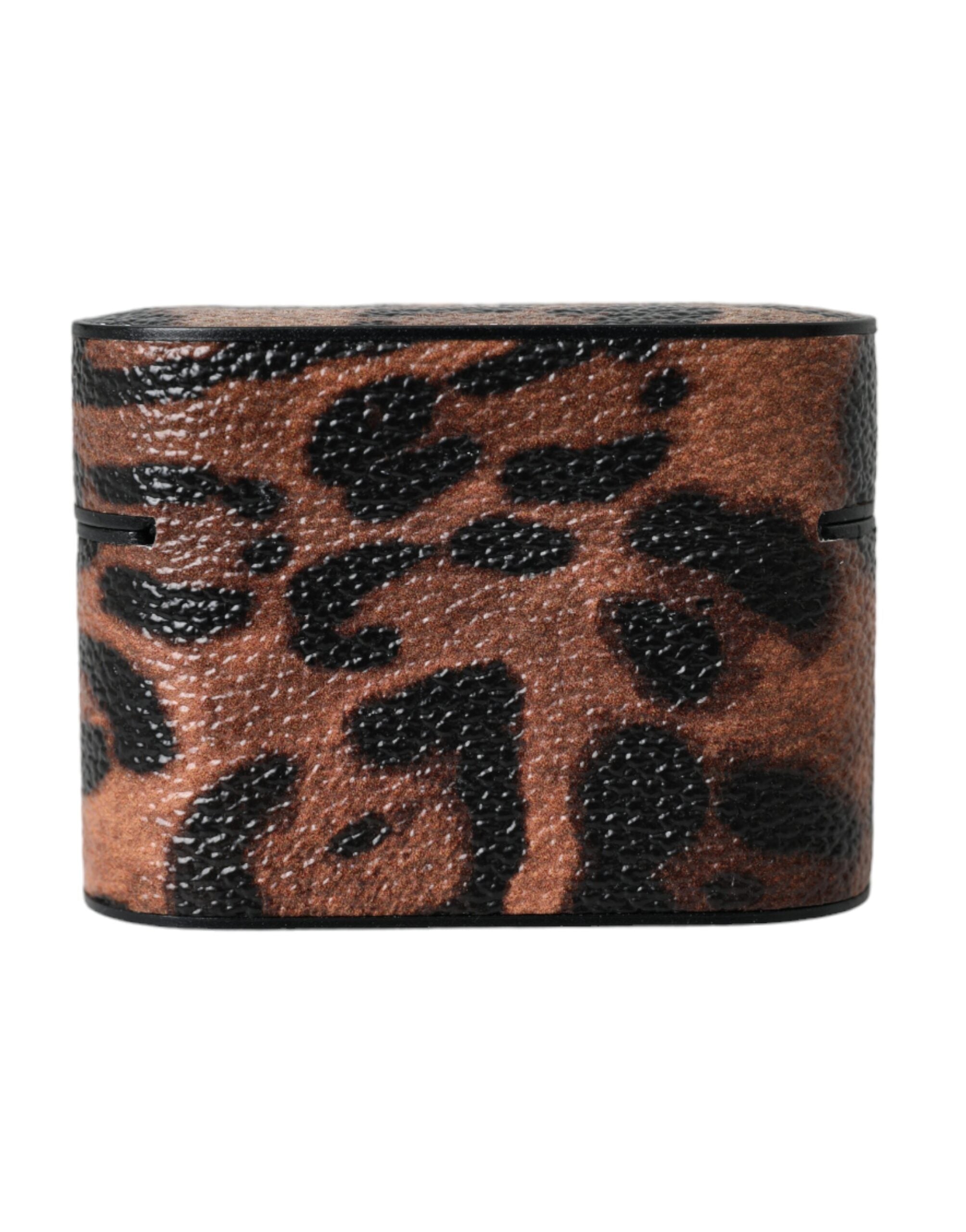 Dolce &amp; Gabbana Brown Leopard Calf Leather Logo Plaque Airpods -kotelo