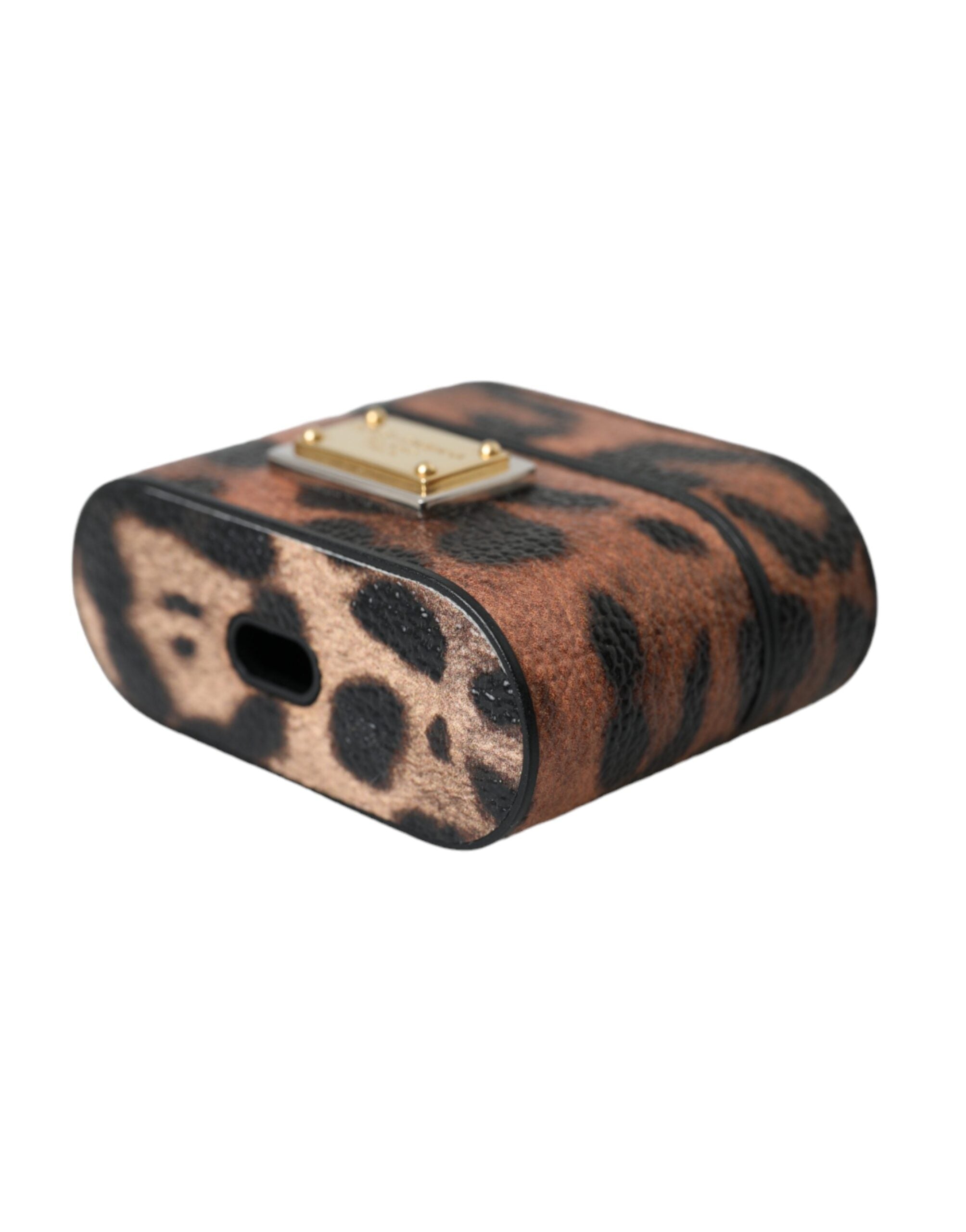 Dolce &amp; Gabbana Brown Leopard Calf Leather Logo Plaque Airpods -kotelo