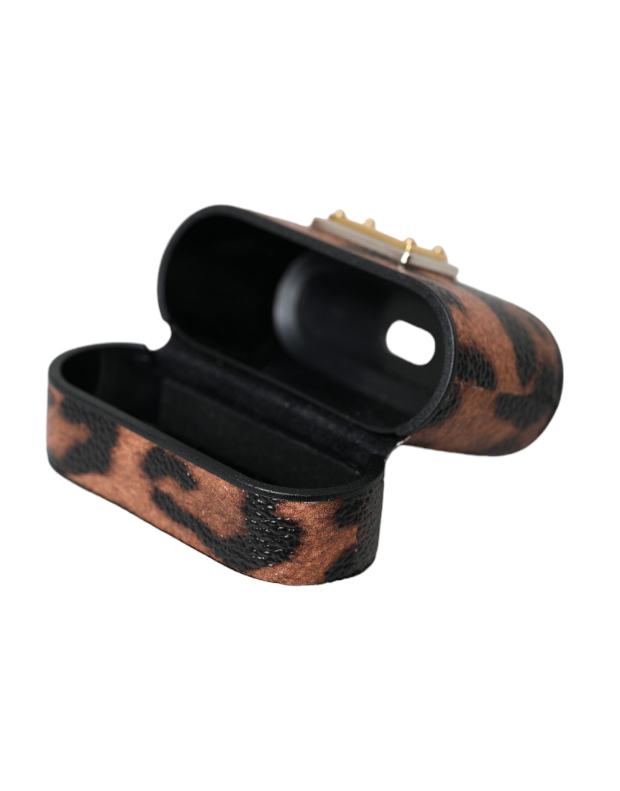 Dolce &amp; Gabbana Brown Leopard Calf Leather Logo Plaque Airpods -kotelo