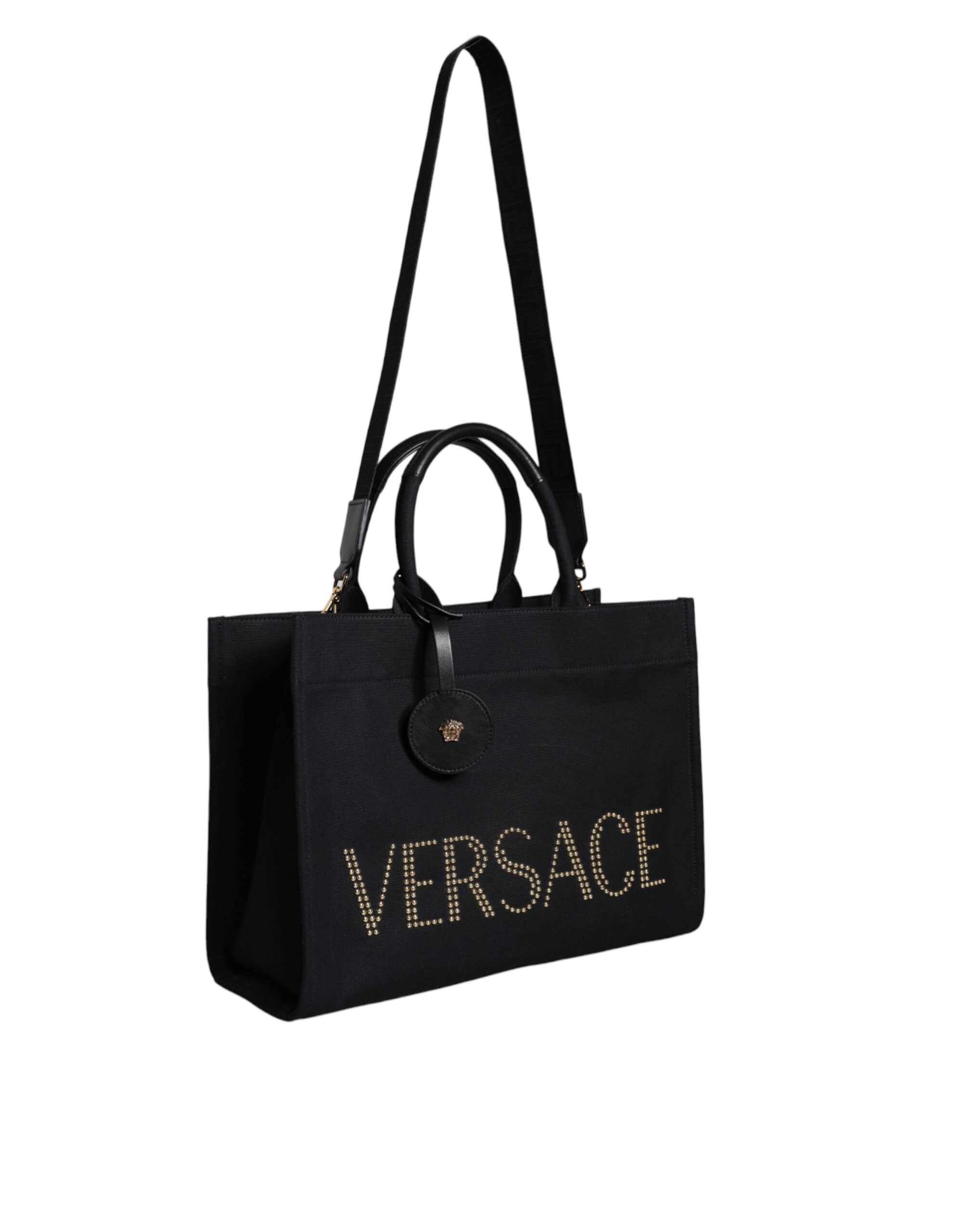 Versace Black Top Handle Canvas Leather Logo Crossbody Tote Bag - Luksuslaukut ja asusteet Versace - Tutustu YVES JAVANNI® 