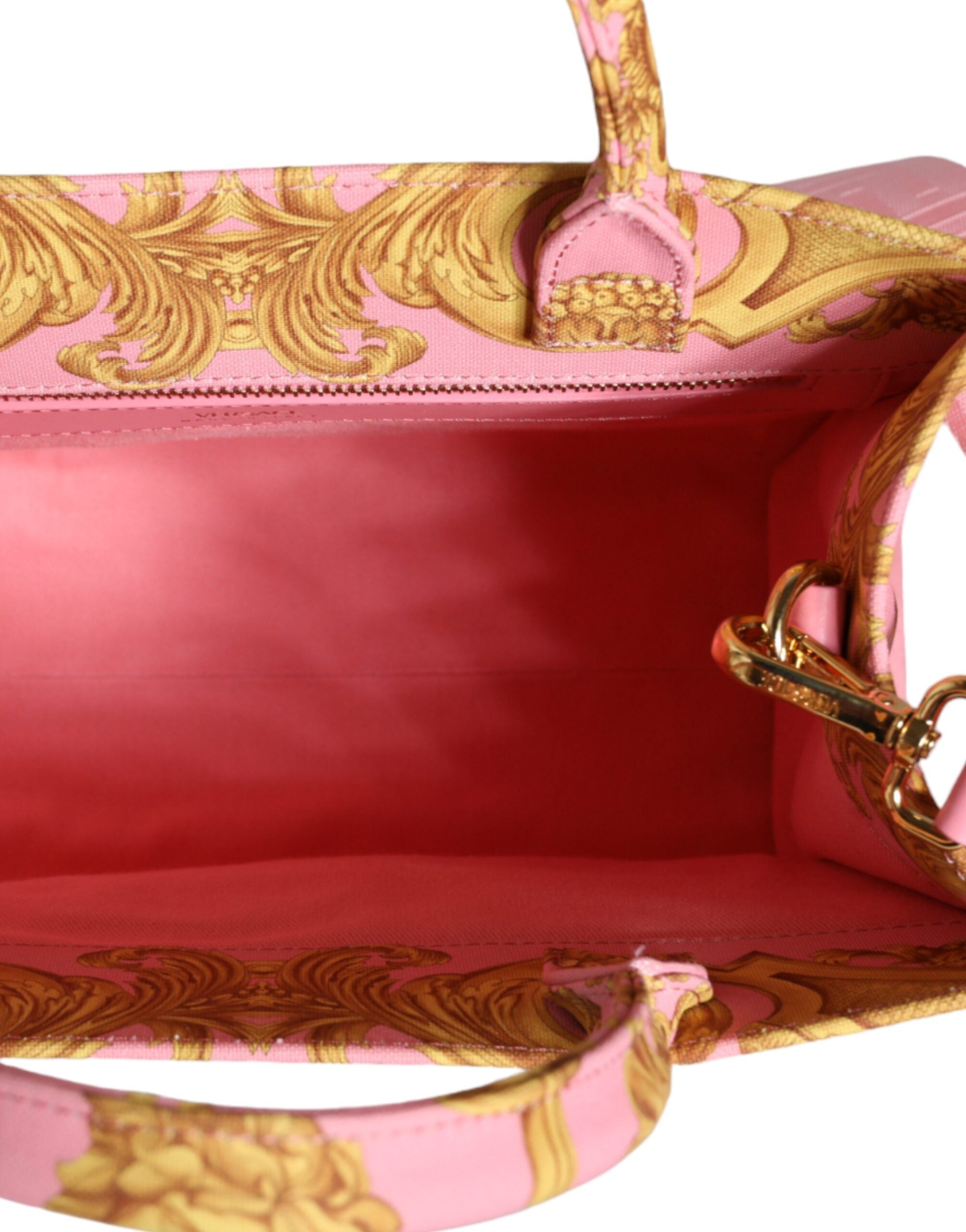 Versace Pink Yellow Baroque Fabric Leather Shopping Tote Bag - Luksuslaukut ja asusteet Versace - Tutustu YVES JAVANNI® 