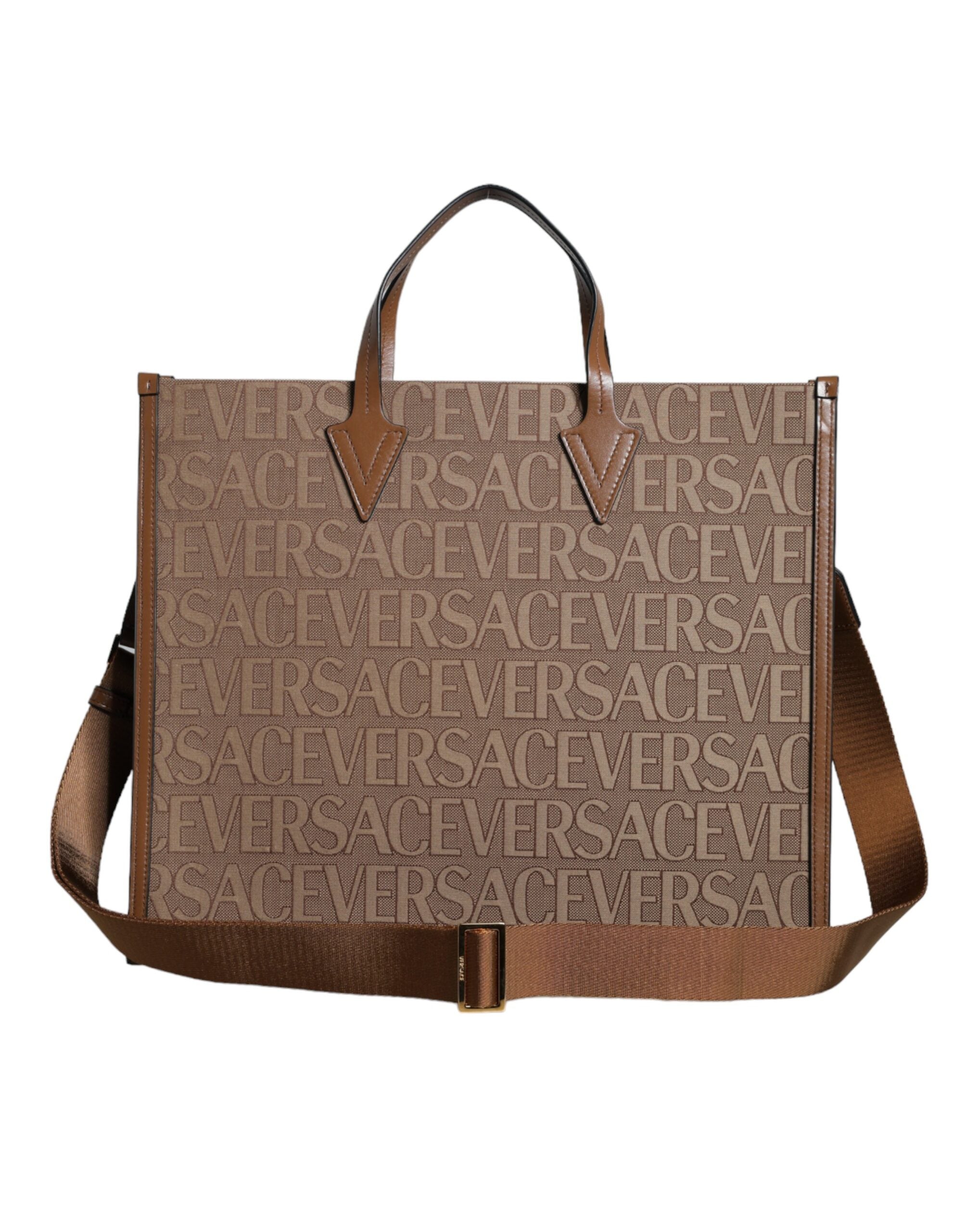 Versace Brown Top Handle Jacquard Leather Logo Crossbody Tote Bag - Luksuslaukut ja asusteet Versace - Tutustu YVES JAVANNI® 