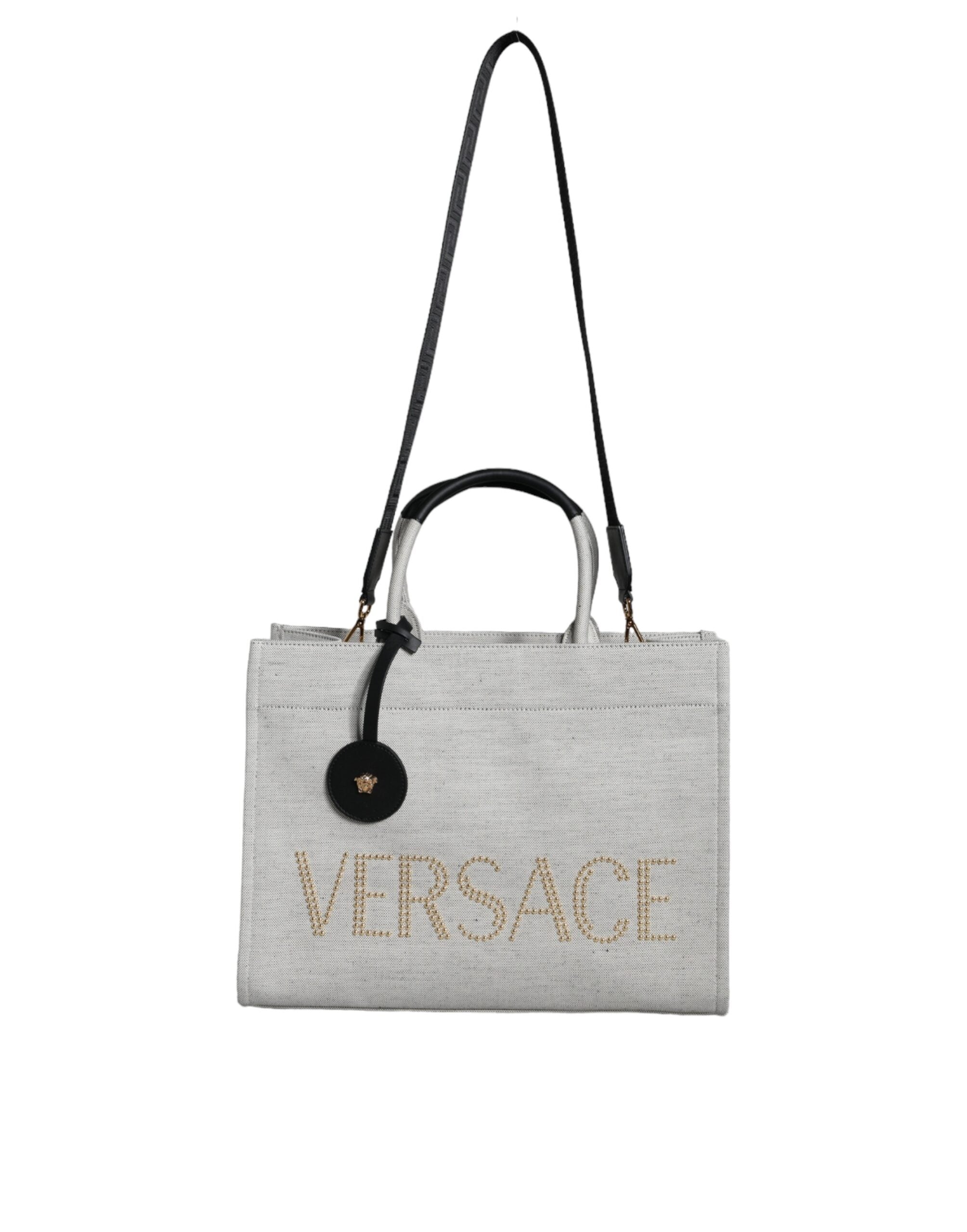 Versace White Top Handle Canvas Leather Logo Crossbody Tote Bag - Luksuslaukut ja asusteet Versace - Tutustu YVES JAVANNI® 