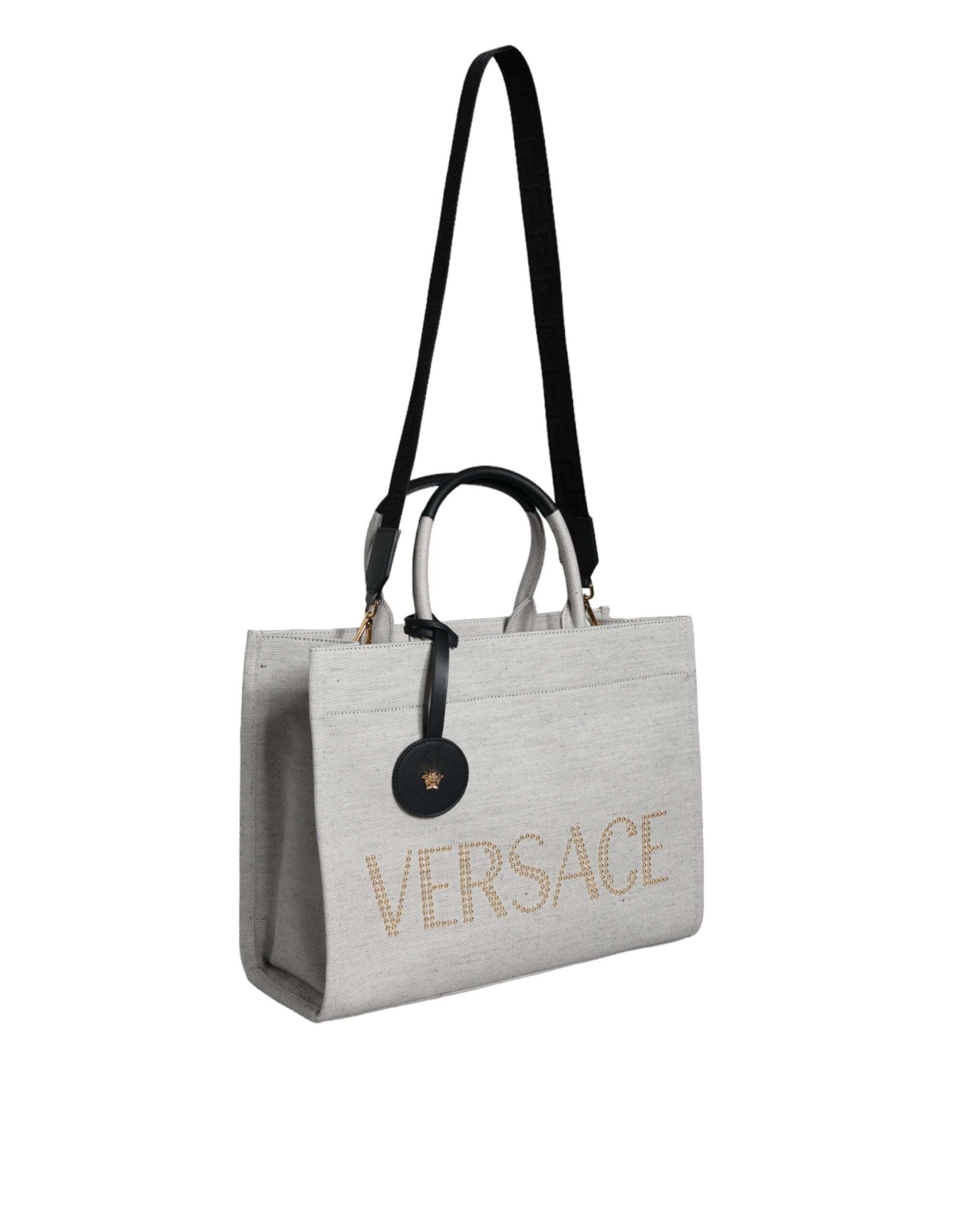 Versace White Top Handle Canvas Leather Logo Crossbody Tote Bag - Luksuslaukut ja asusteet Versace - Tutustu YVES JAVANNI® 