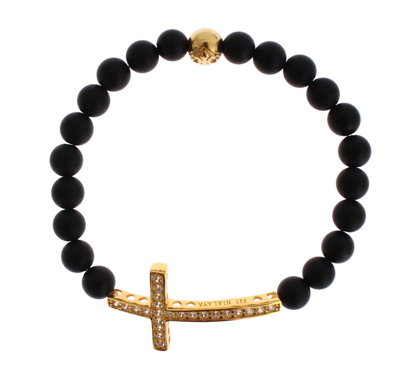 Nialaya Chic Matte Onyx Bead & CZ Diamond Cross Bracelet - Luksusmuotia Nialaya - Tutustu YVES JAVANNI® 