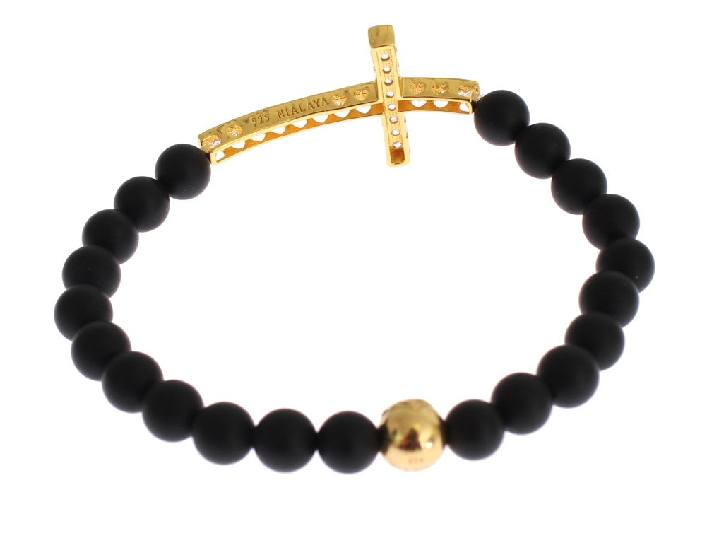 Nialaya Chic Matte Onyx Bead & CZ Diamond Cross Bracelet - Luksuslaukut ja asusteet Nialaya - Tutustu YVES JAVANNI® 